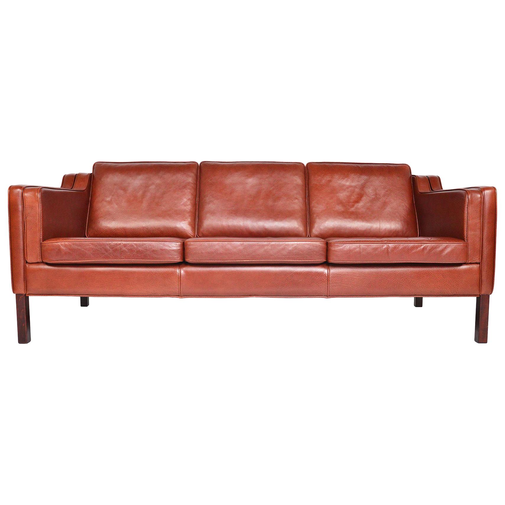 Danish Modern Three-Seat Sofa in Rust Red Leather