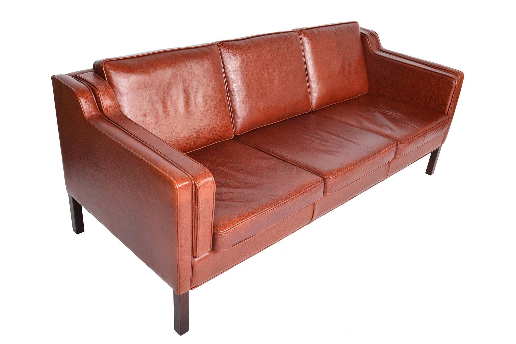 Scandinavian Modern Danish Modern Three-Seat Sofa in Rust Red Leather