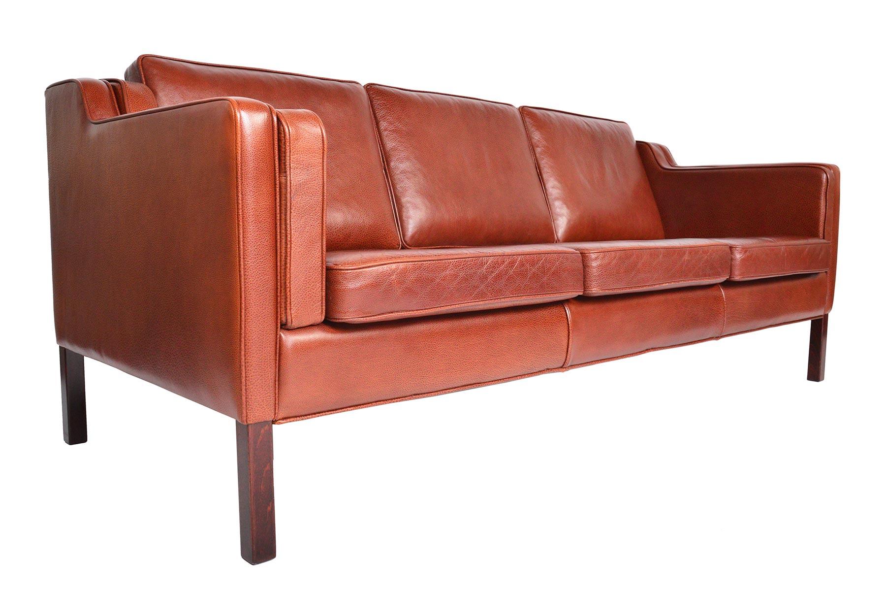 Danish Modern Three-Seat Sofa in Rust Red Leather In Excellent Condition In Berkeley, CA