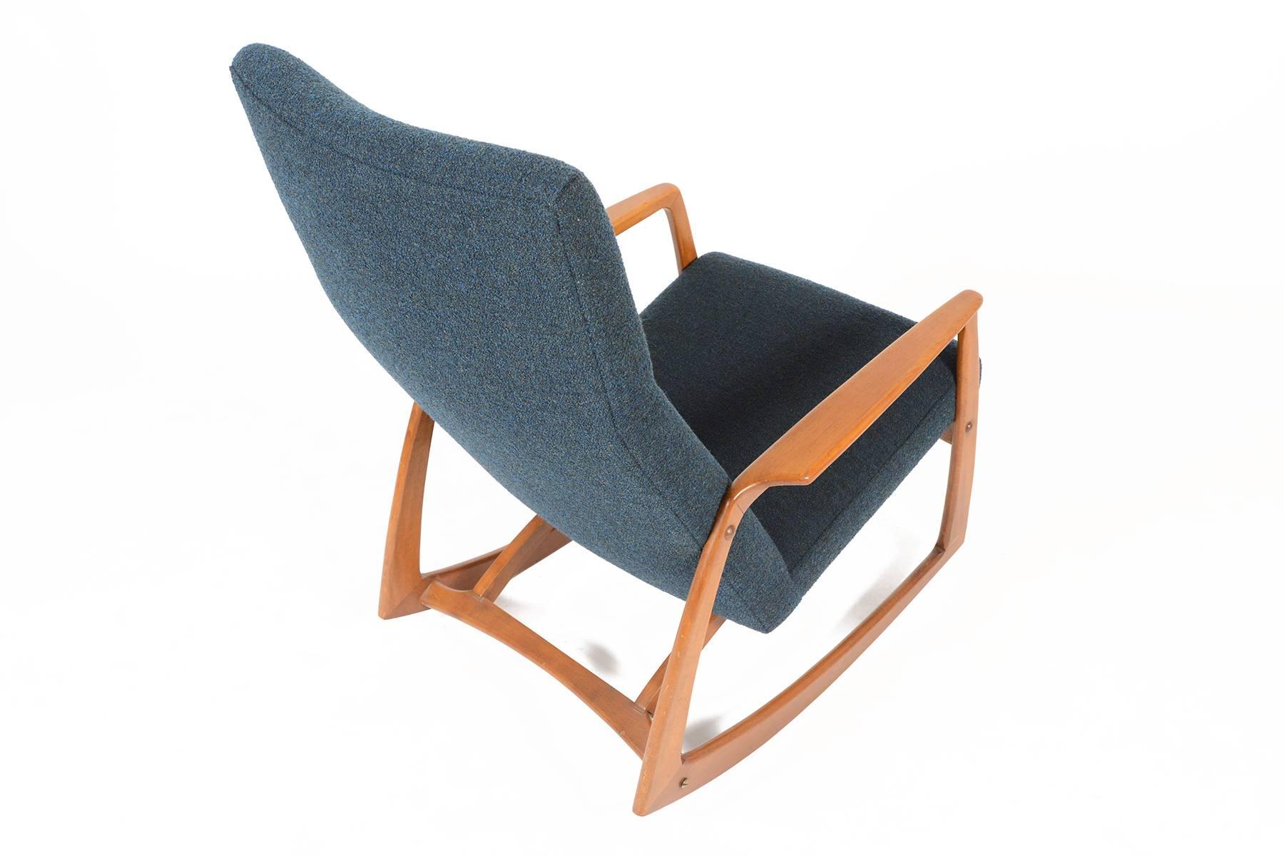 Danish Modern Teak Rocking Chair in Aegean Blue Wool  1