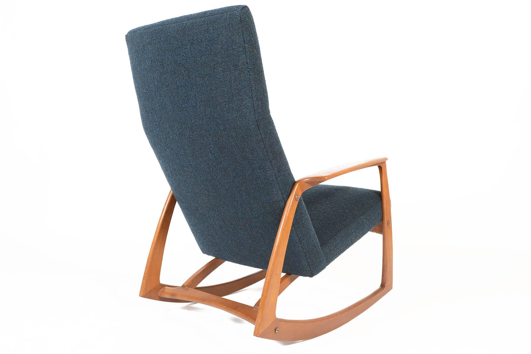 Scandinavian Modern Danish Modern Teak Rocking Chair in Aegean Blue Wool 