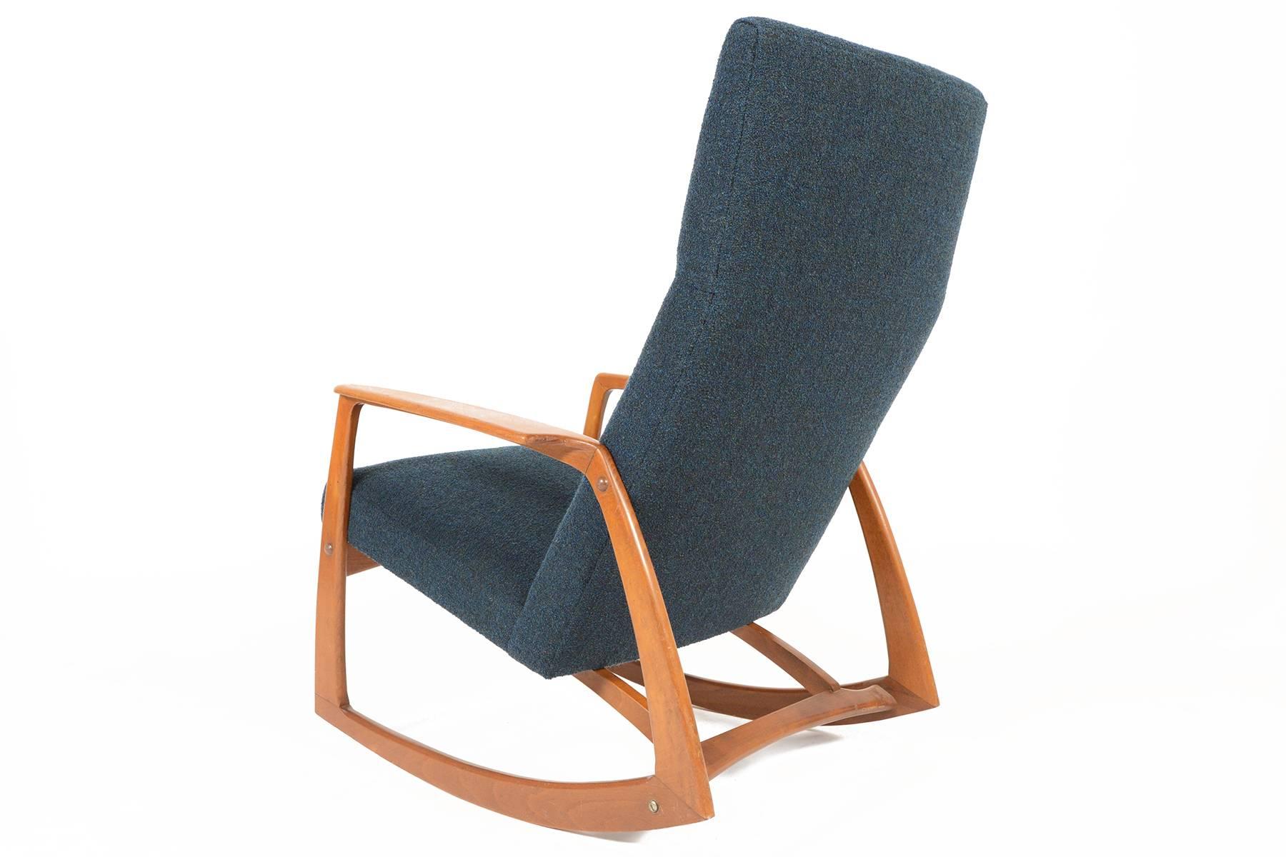 Mid-20th Century Danish Modern Teak Rocking Chair in Aegean Blue Wool 
