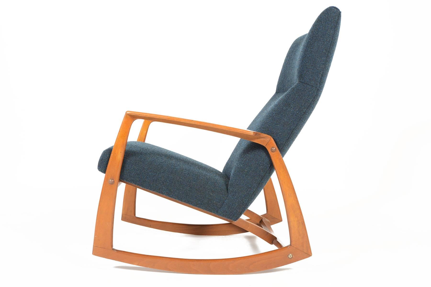 Danish Modern Teak Rocking Chair in Aegean Blue Wool  In Good Condition In Berkeley, CA