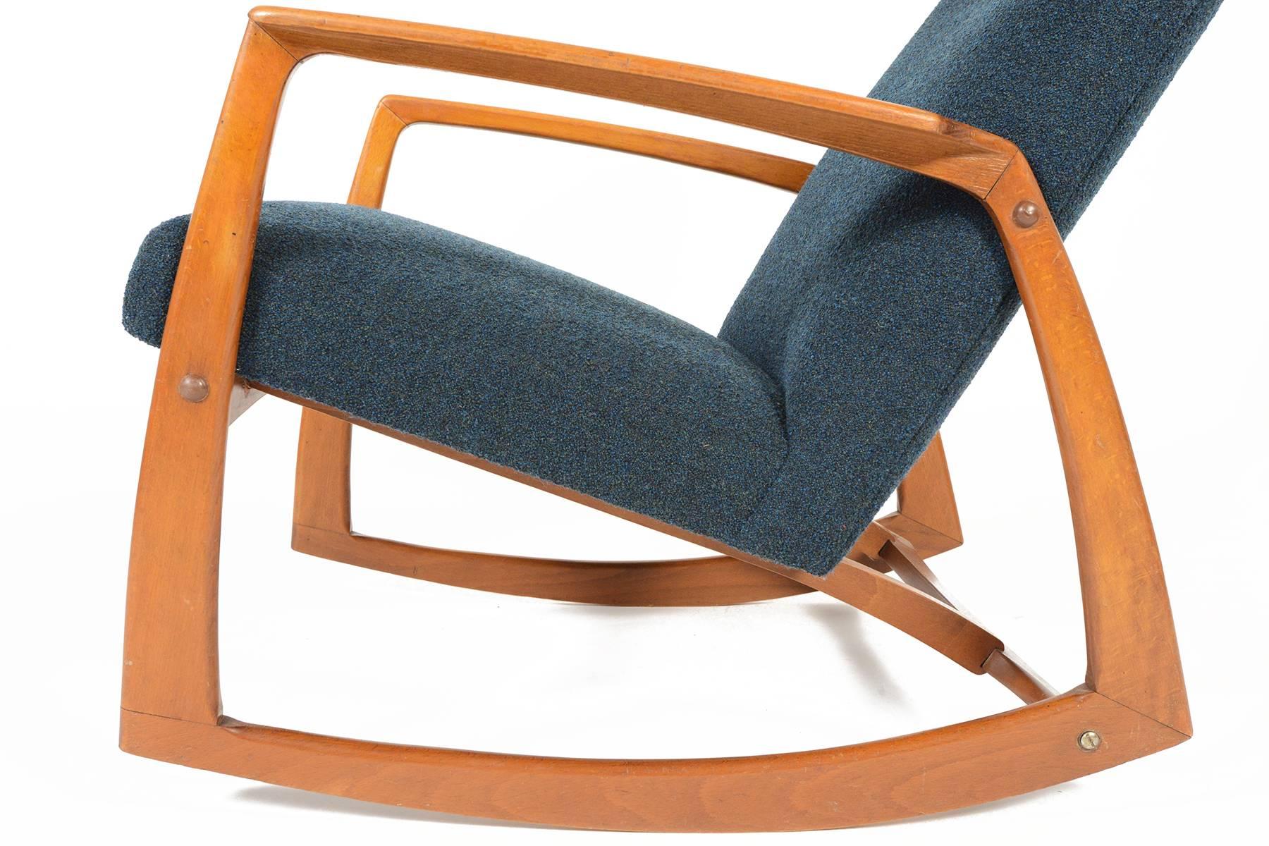 Danish Modern Teak Rocking Chair in Aegean Blue Wool  4