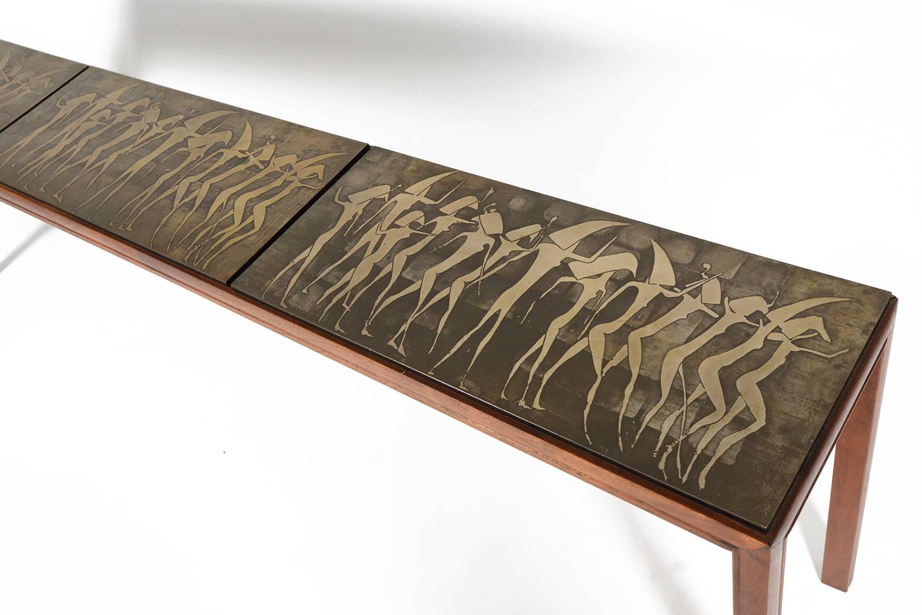 Metropolitan Egyptian Relief Walnut Console Table In Excellent Condition In Berkeley, CA