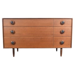 Low Six Drawer Teak Dresser With Leather Pulls
