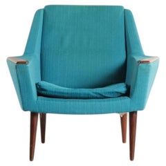 1960s Danish Low-Back Lounge Chair in Blue Wool + Teak