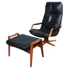 Arne Wahl Iversen Highback Swivel Chair and Ottoman in Black Leather + Teak