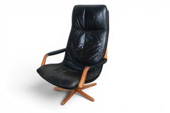 Arne Wahl Iversen Highback Swivel Chair and Ottoman in Black Leather + Teak