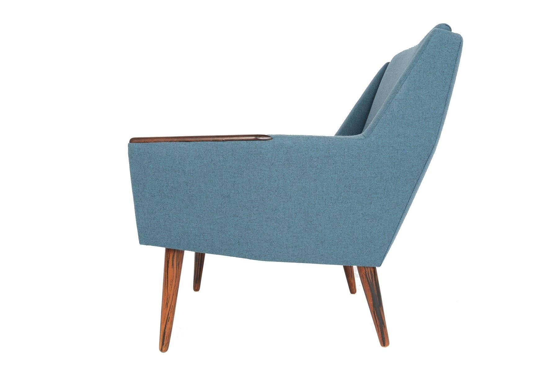Oak Atomic Danish Modern Midcentury Rosewood Lounge Chair in Cerulean Wool