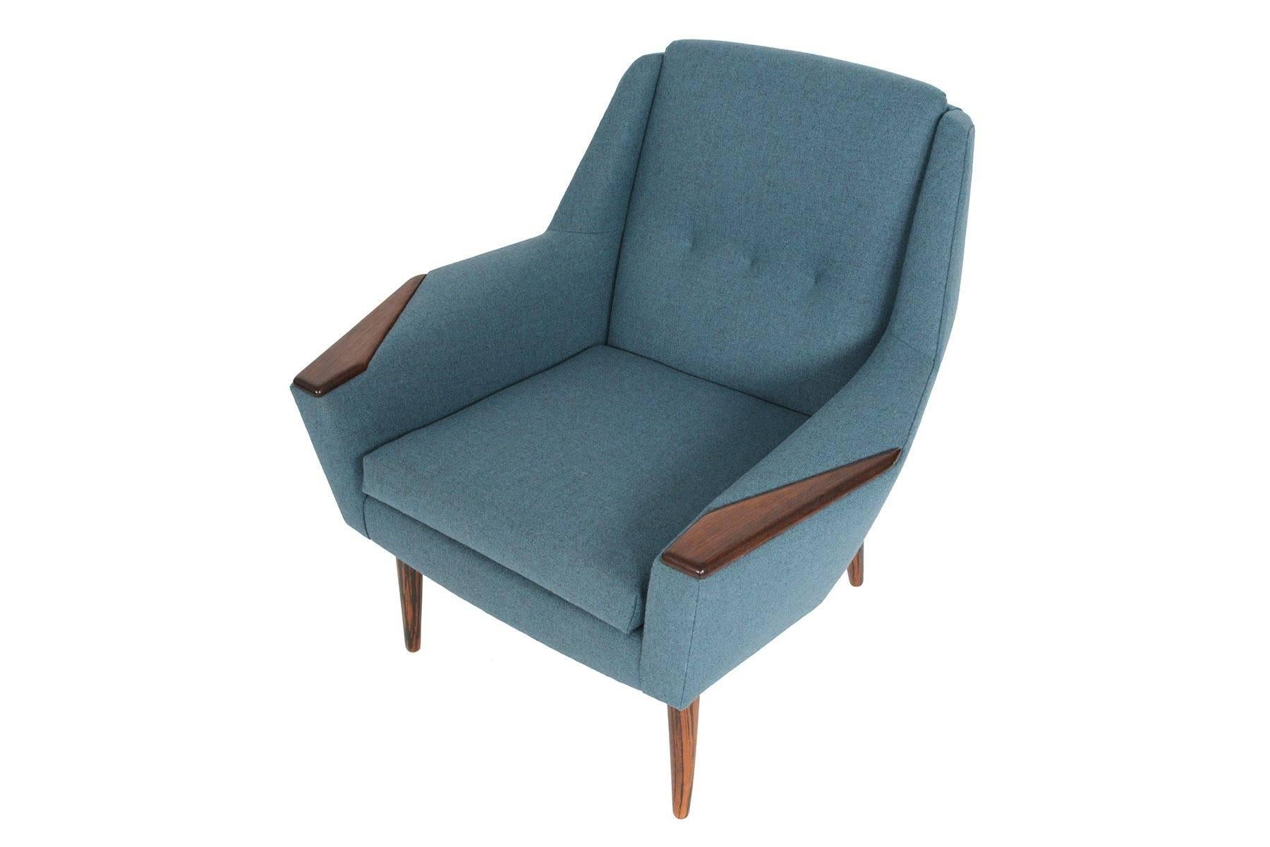 Atomic Danish Modern Midcentury Rosewood Lounge Chair in Cerulean Wool 1