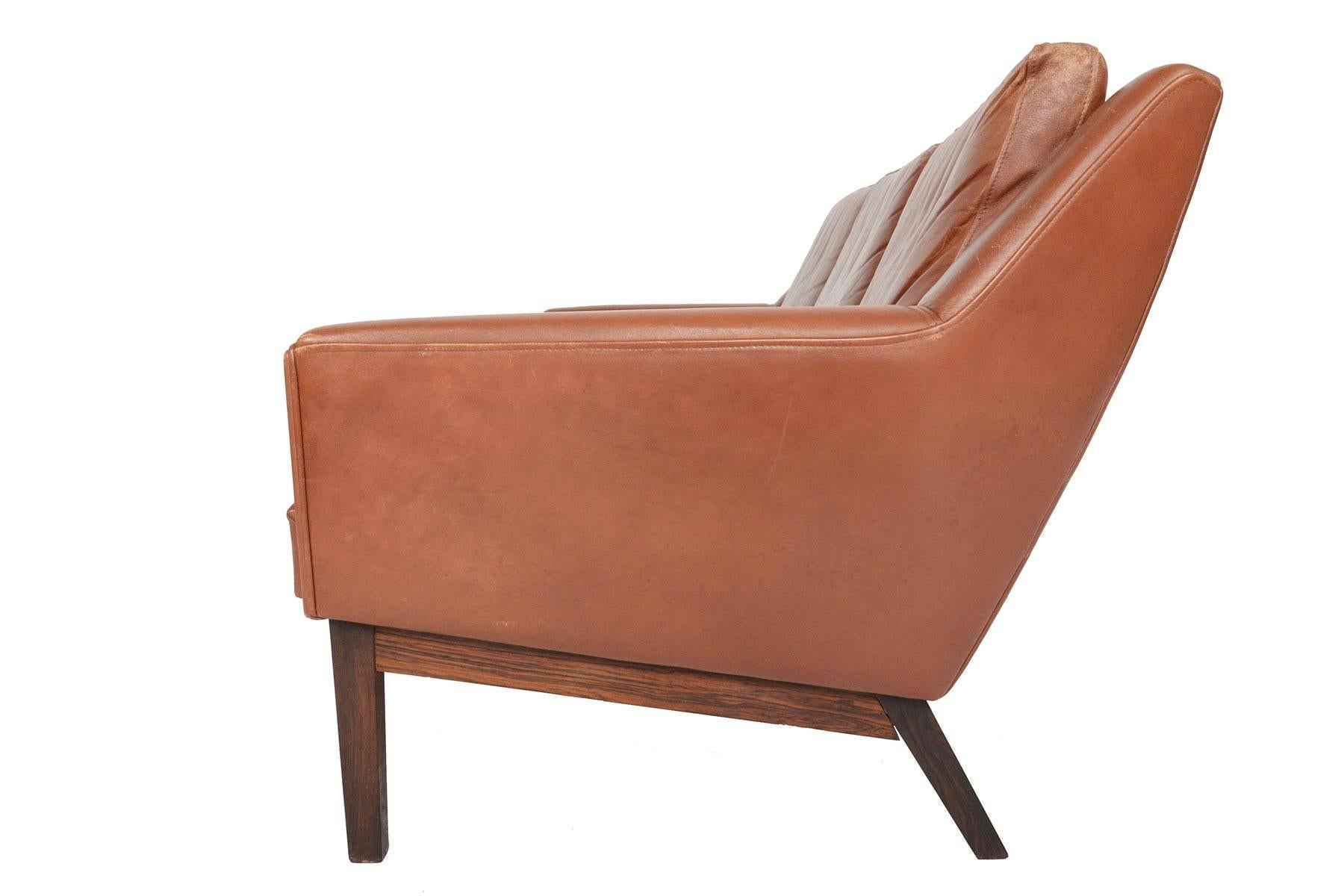 Danish Mid-Century Modern Sofa in Rosewood + Patinated Rust Leather 3