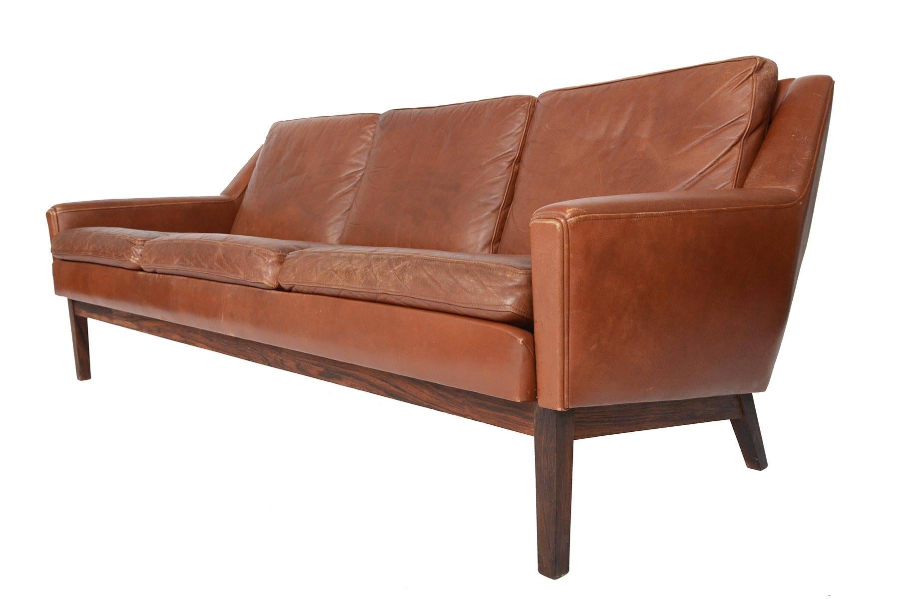 Danish Mid-Century Modern Sofa in Rosewood + Patinated Rust Leather 1