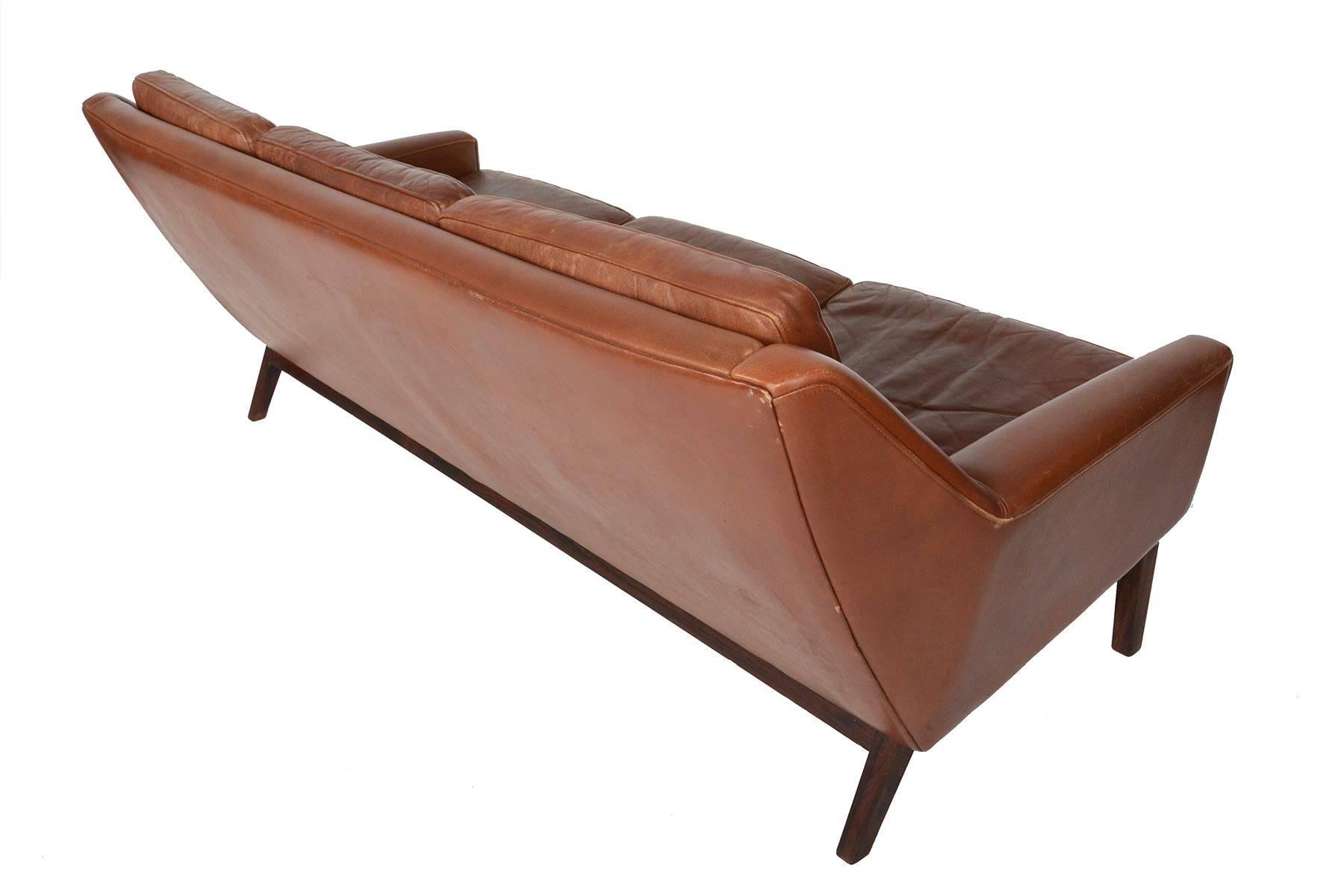 Danish Mid-Century Modern Sofa in Rosewood + Patinated Rust Leather 4