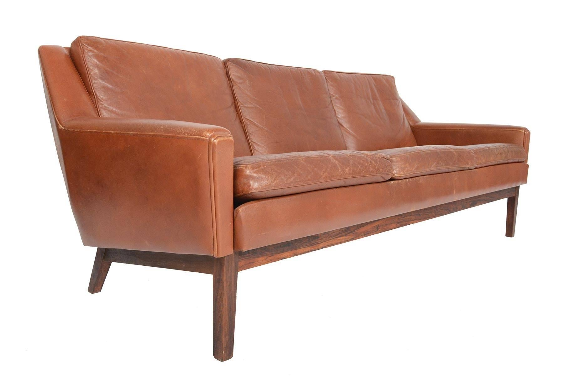 Danish Mid-Century Modern Sofa in Rosewood + Patinated Rust Leather In Excellent Condition In Berkeley, CA