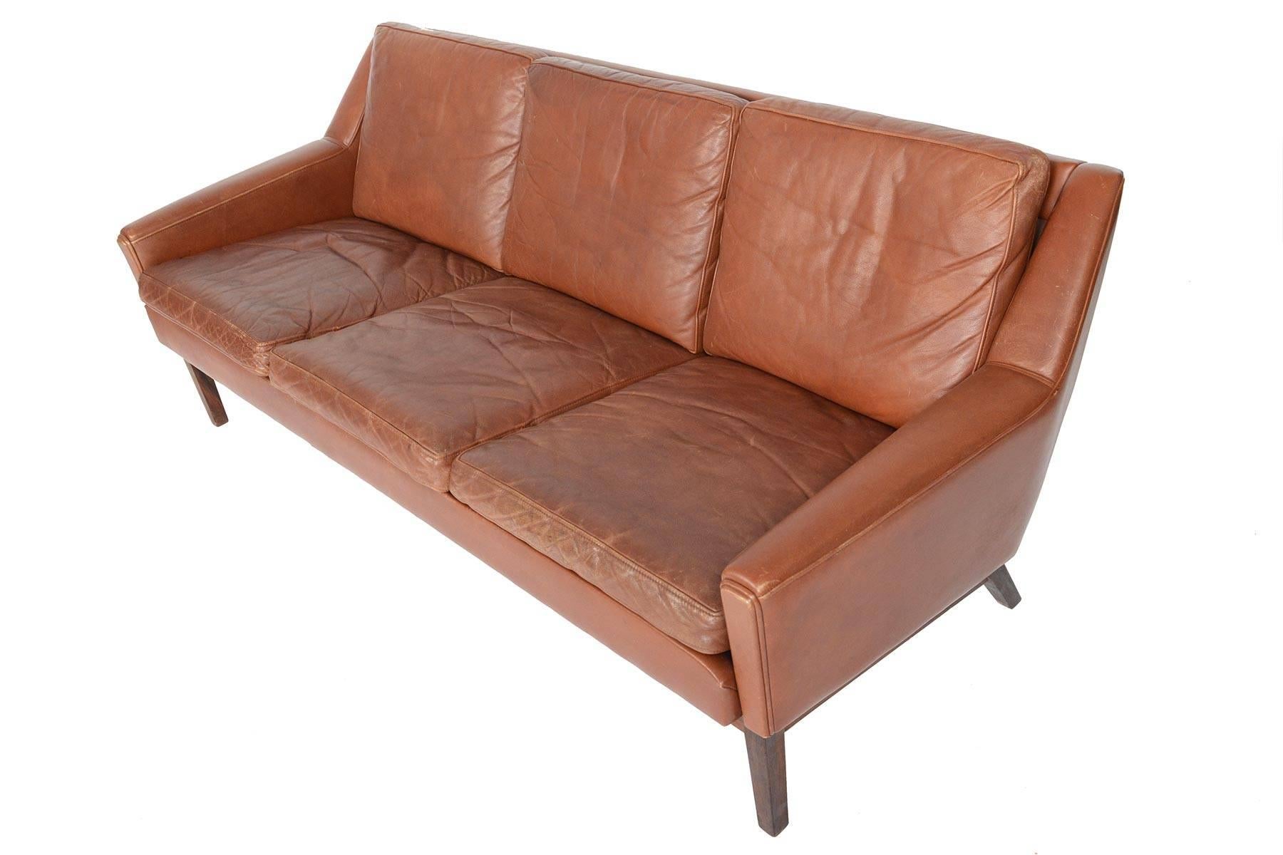 Mid-20th Century Danish Mid-Century Modern Sofa in Rosewood + Patinated Rust Leather