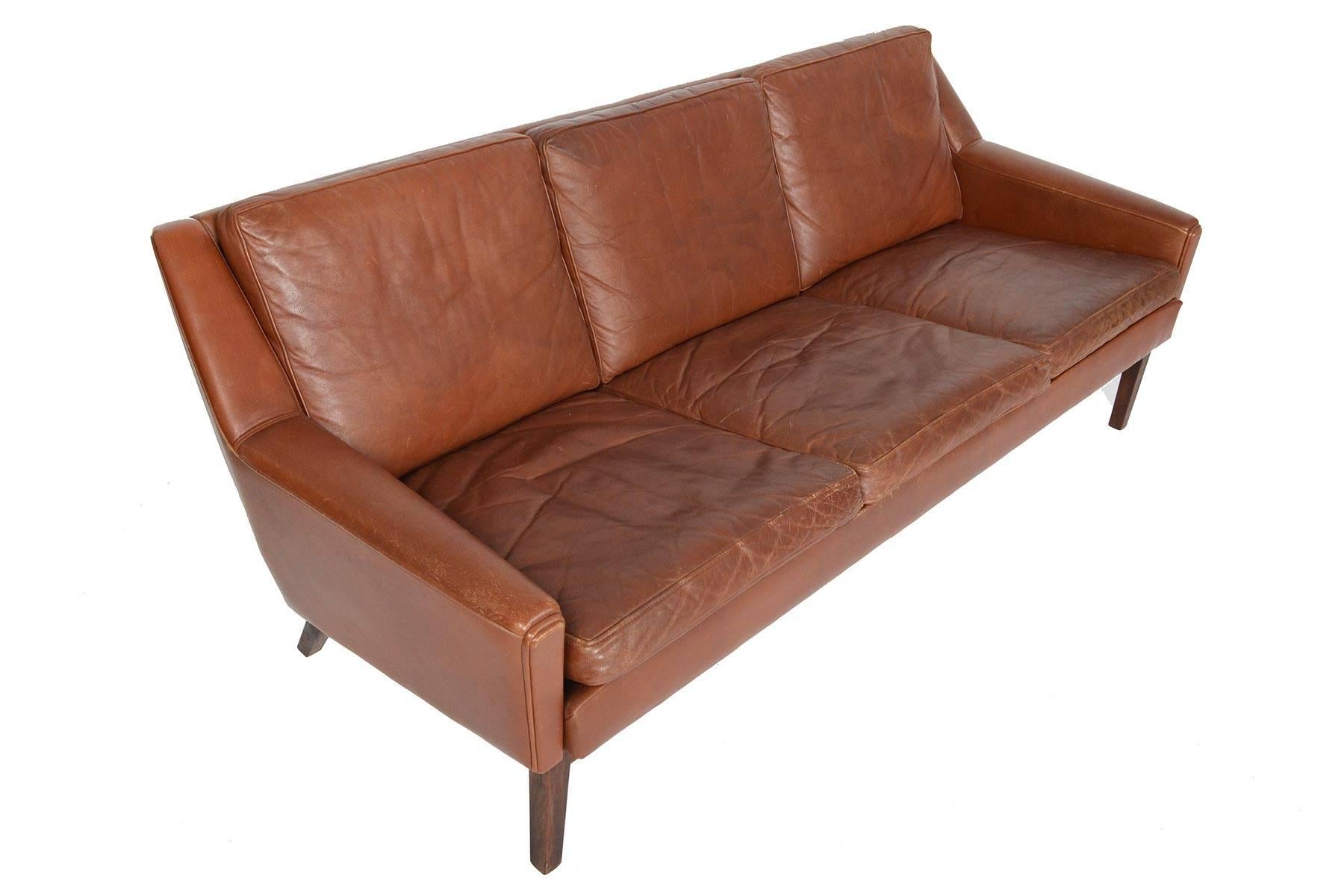 Scandinavian Modern Danish Mid-Century Modern Sofa in Rosewood + Patinated Rust Leather