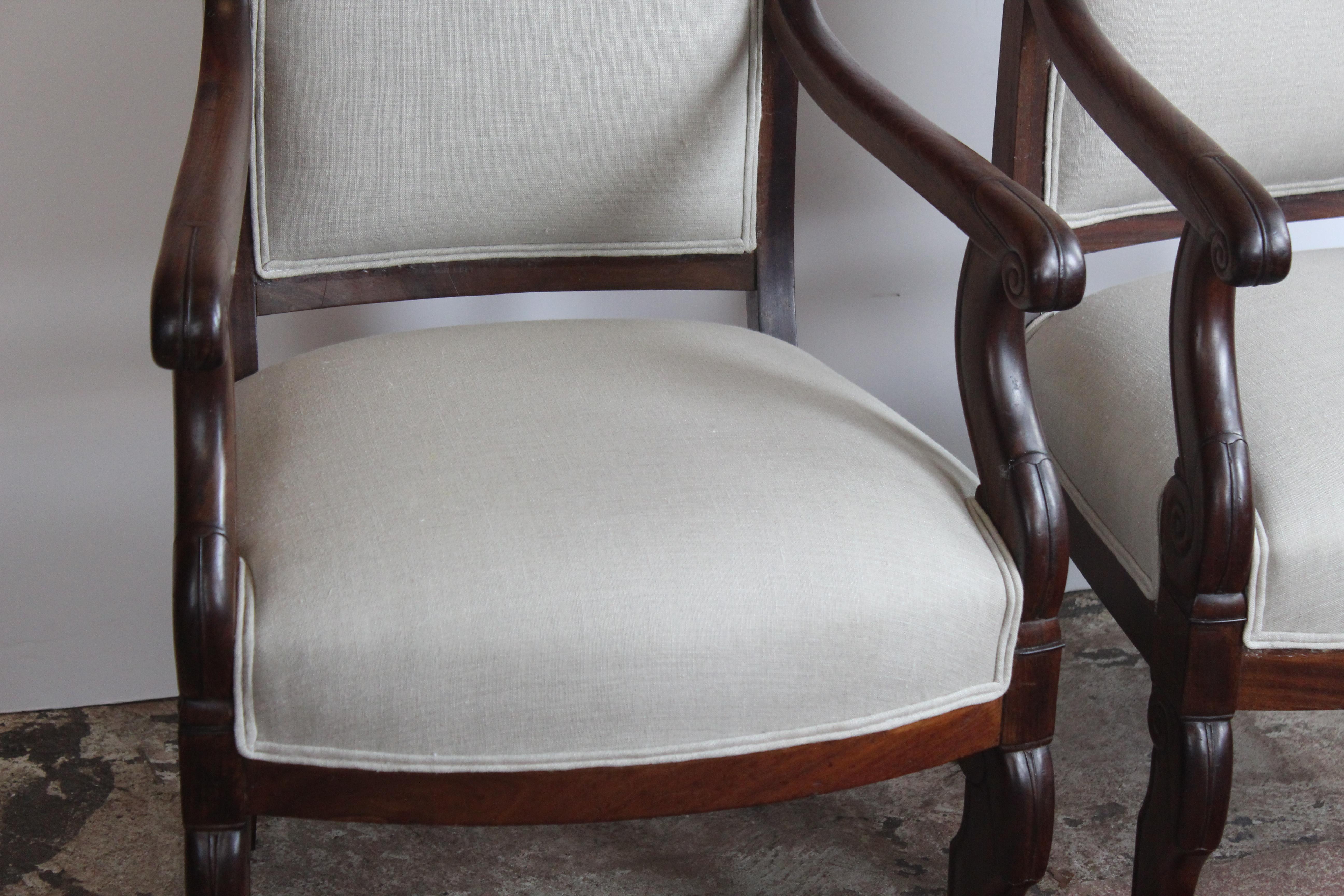Pair of 19th century French armchairs. Upholstered in linen.