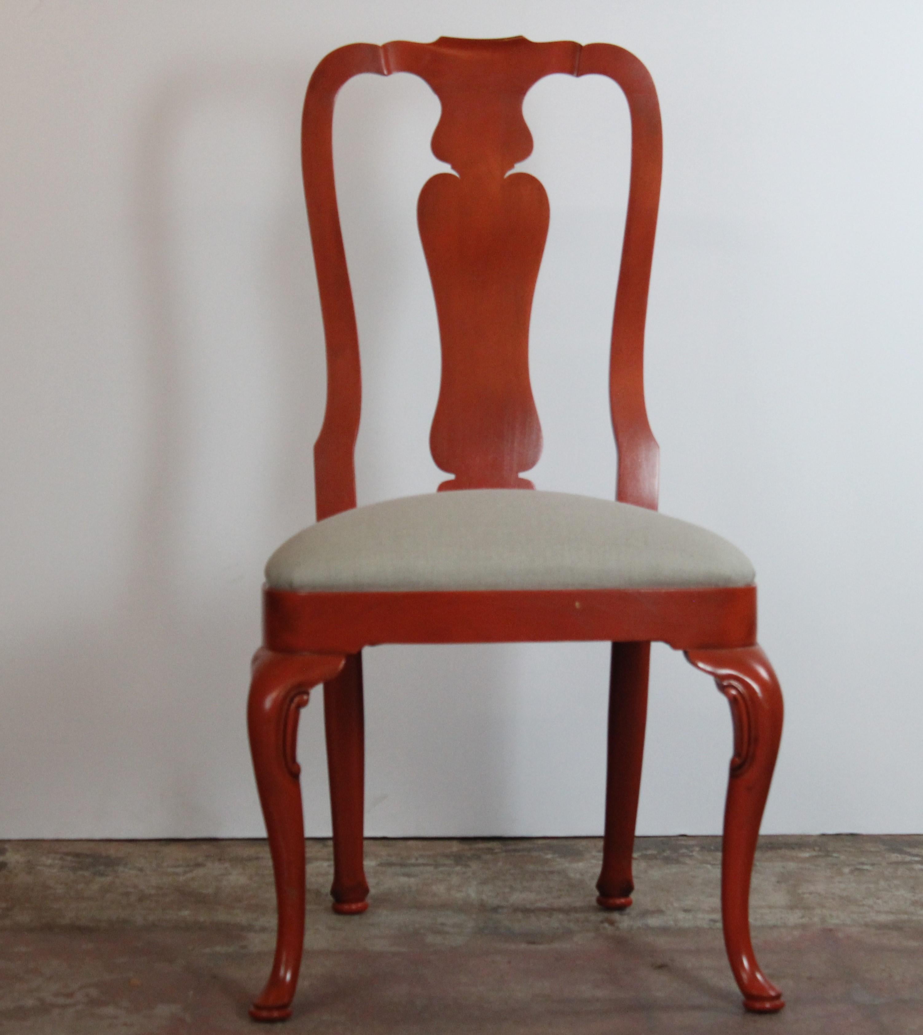 Set of six Queen Ann style dining chairs by Kindel. Upholstered in linen. Measures: Armchair 23.50