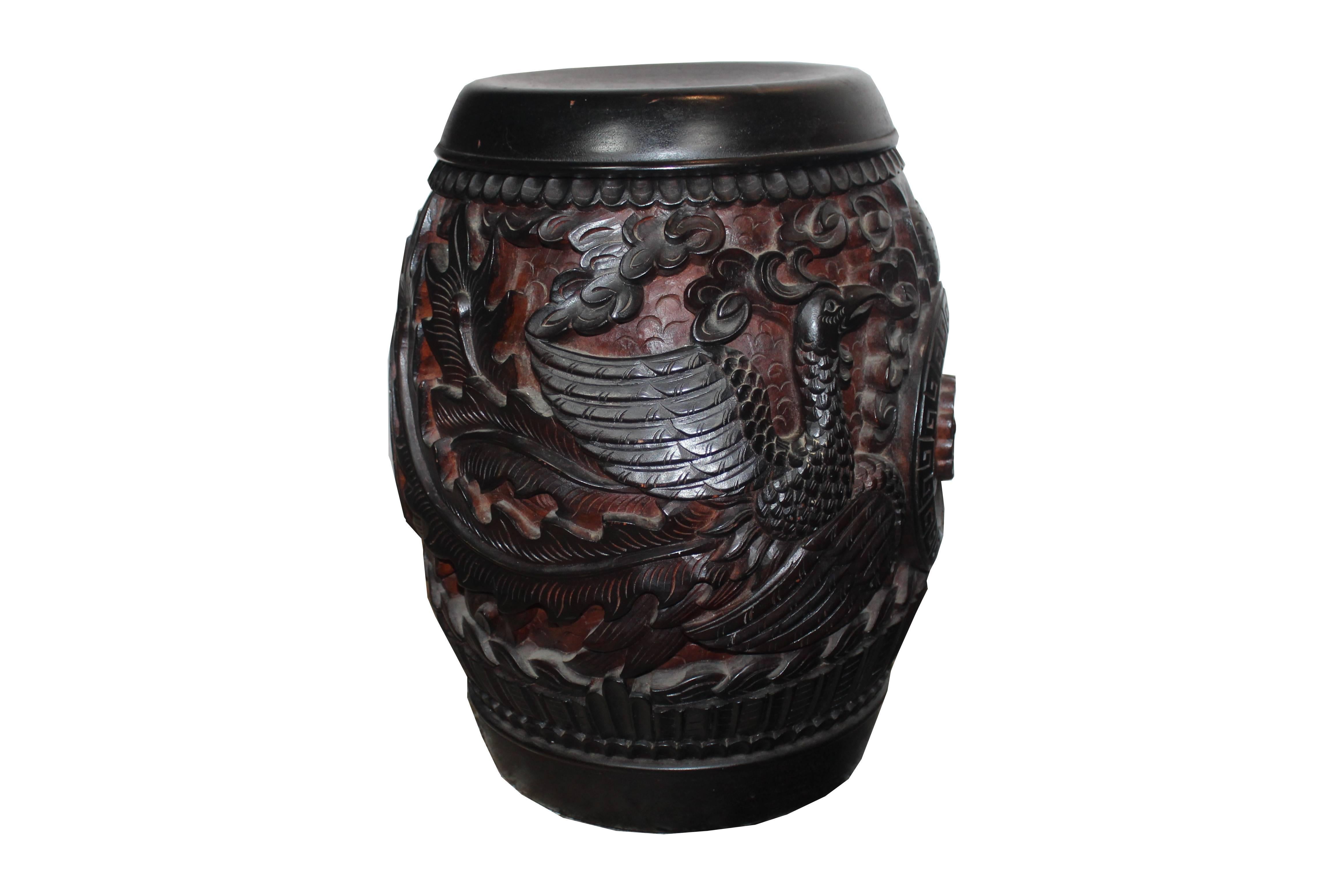 Solid wood hand carved Chinese stools. Finely carved in flowers, leafs, birds and dragons. One of the stool lid comes off 30