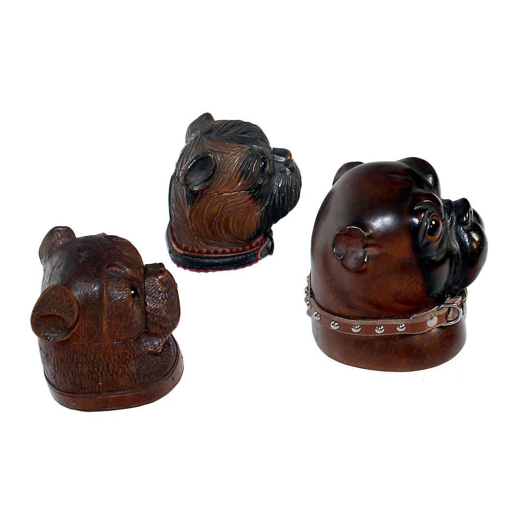 Three English pug inkwell with glass eyes two of them have brass inkwell one has glass. Big size 3