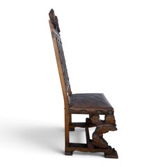 French Revival Side Chairs, Leather & Walnut, Carved Knights, 1900