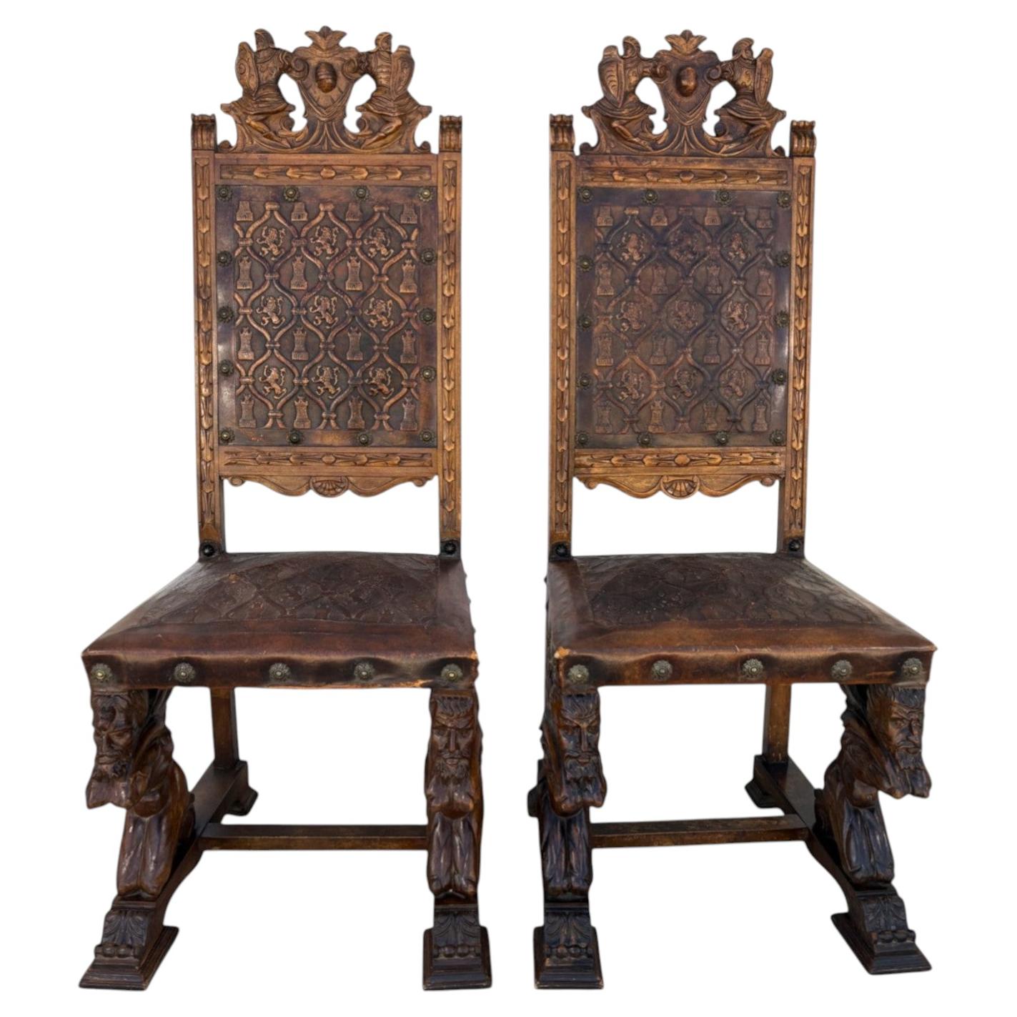 French Revival Side Chairs, Leather & Walnut, Carved Knights, 1900 For Sale