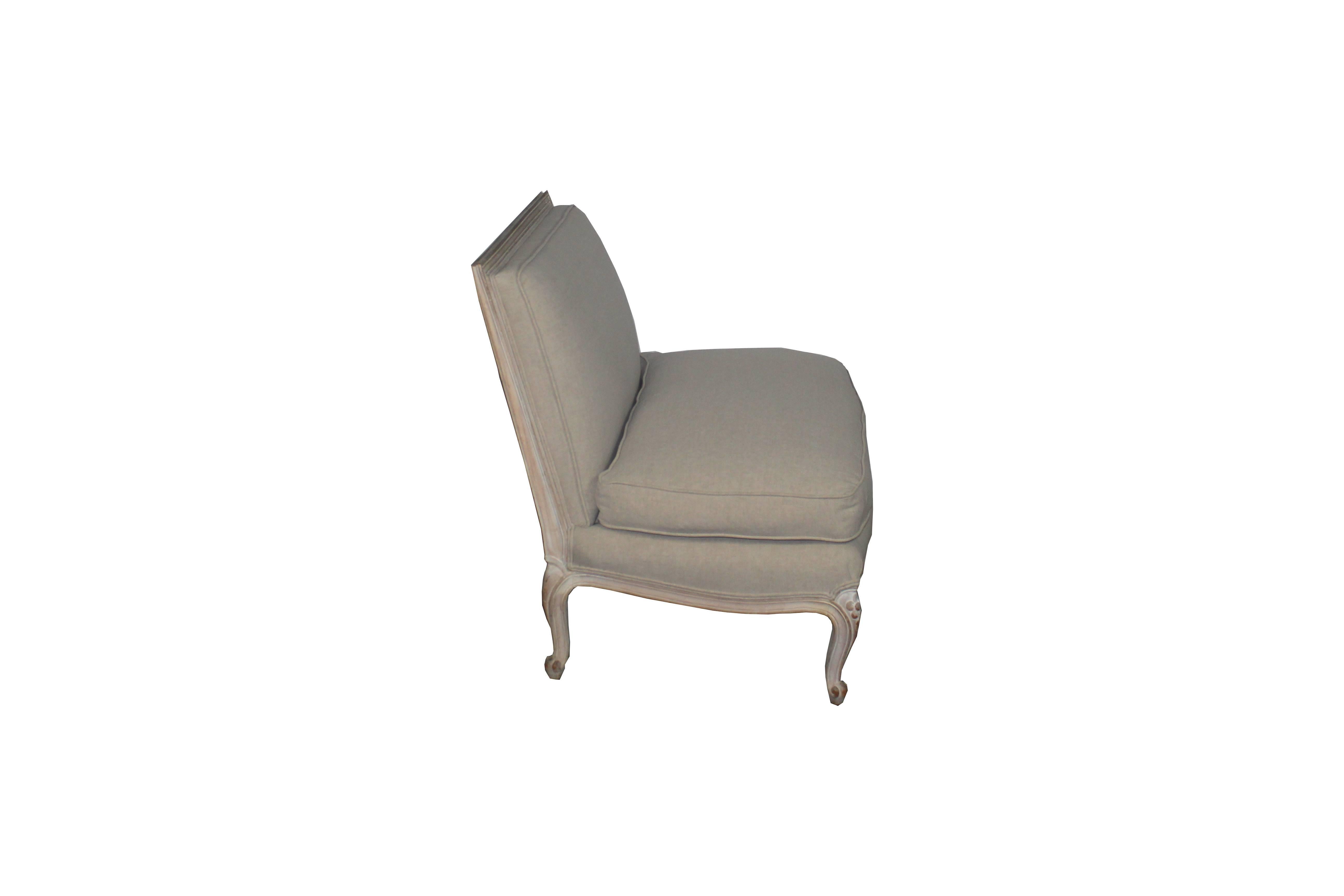 Louis XV style chairs with wide seat and square back. Newly upholstered in light gray linen.