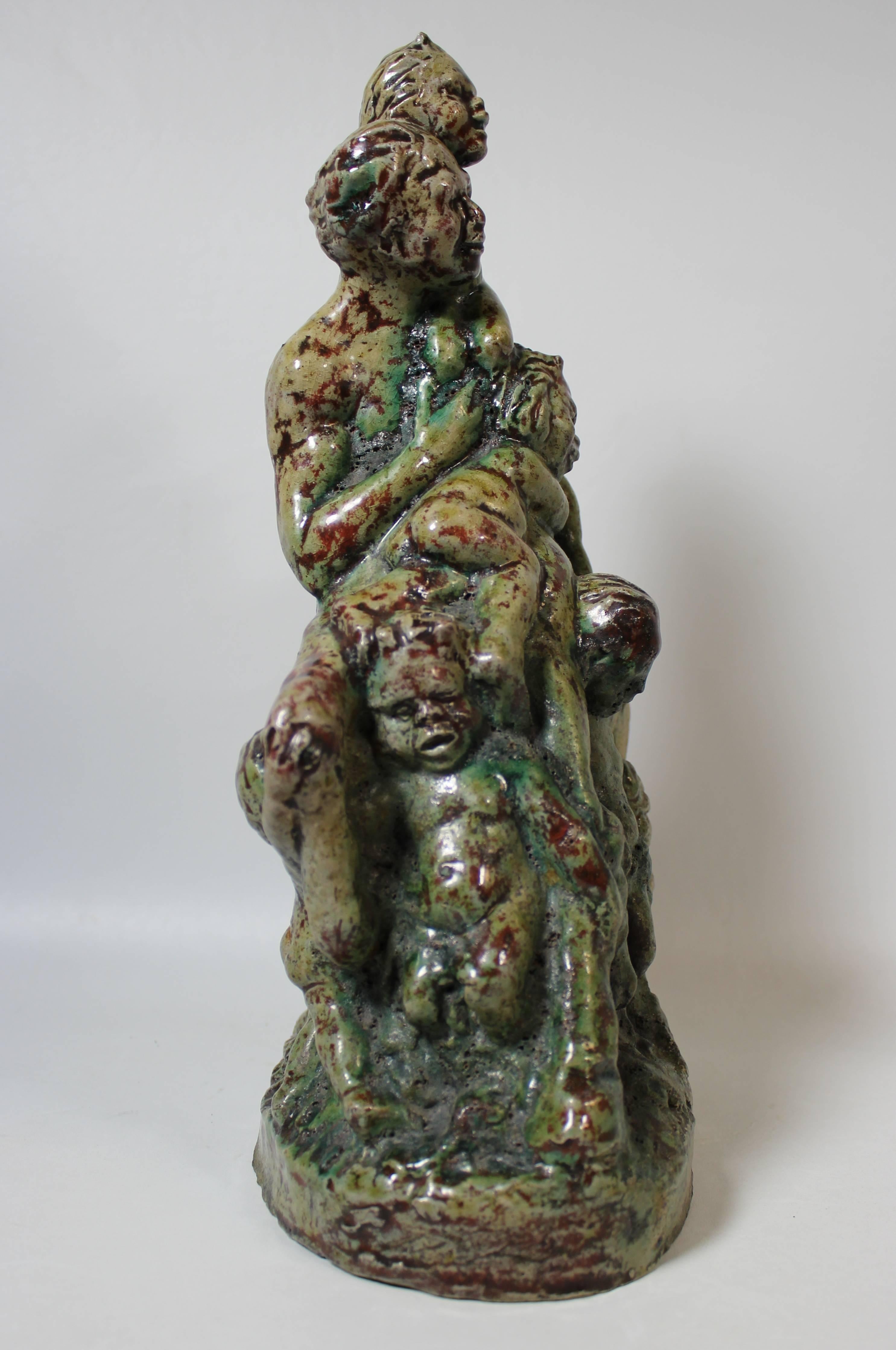 Terraco Beesel Draak Pottery Sculpture of Mythological Greek Satyr with Children In Good Condition For Sale In Hamilton, Ontario