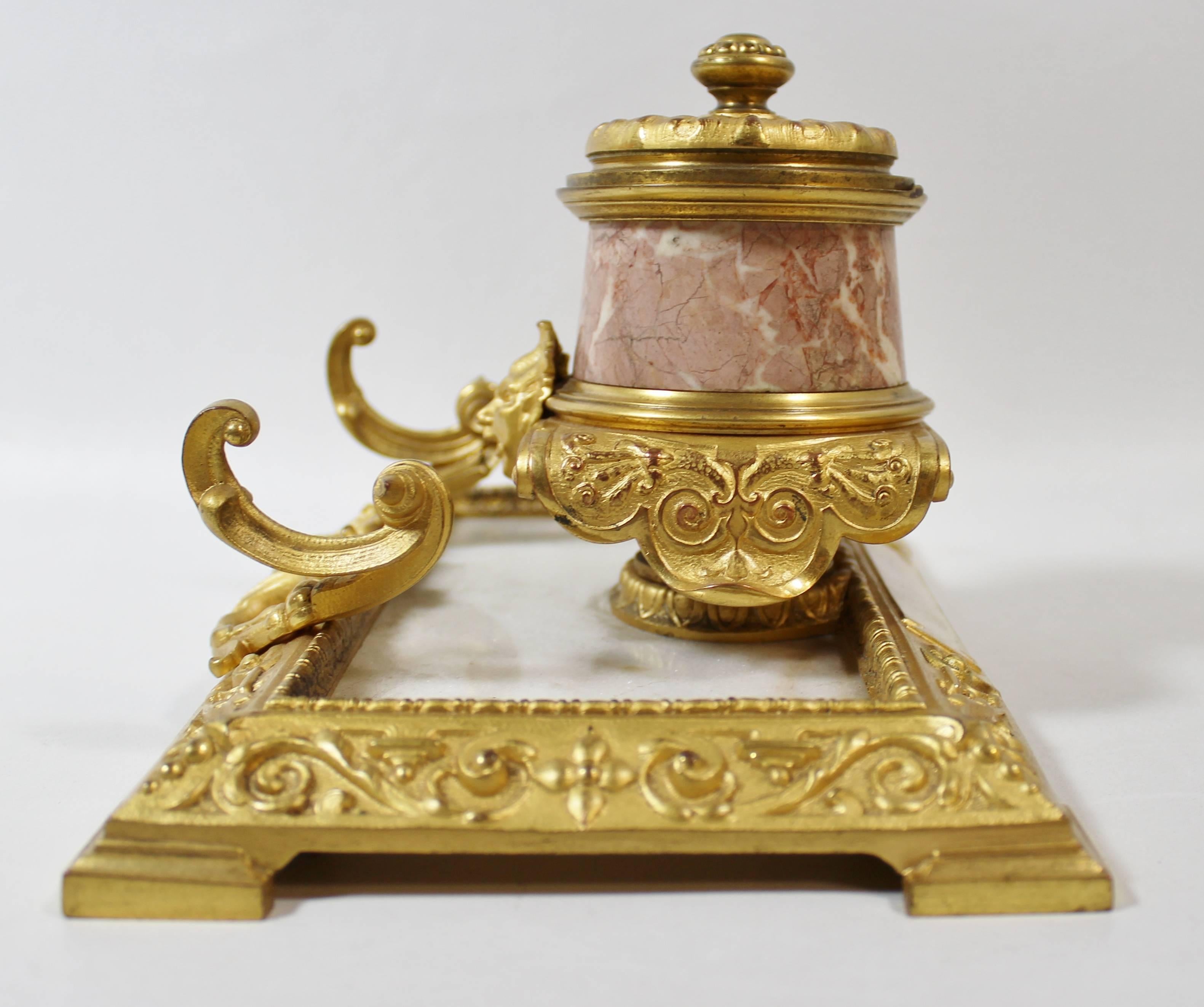 French gilt bronze and marble inkwell and pen holder.