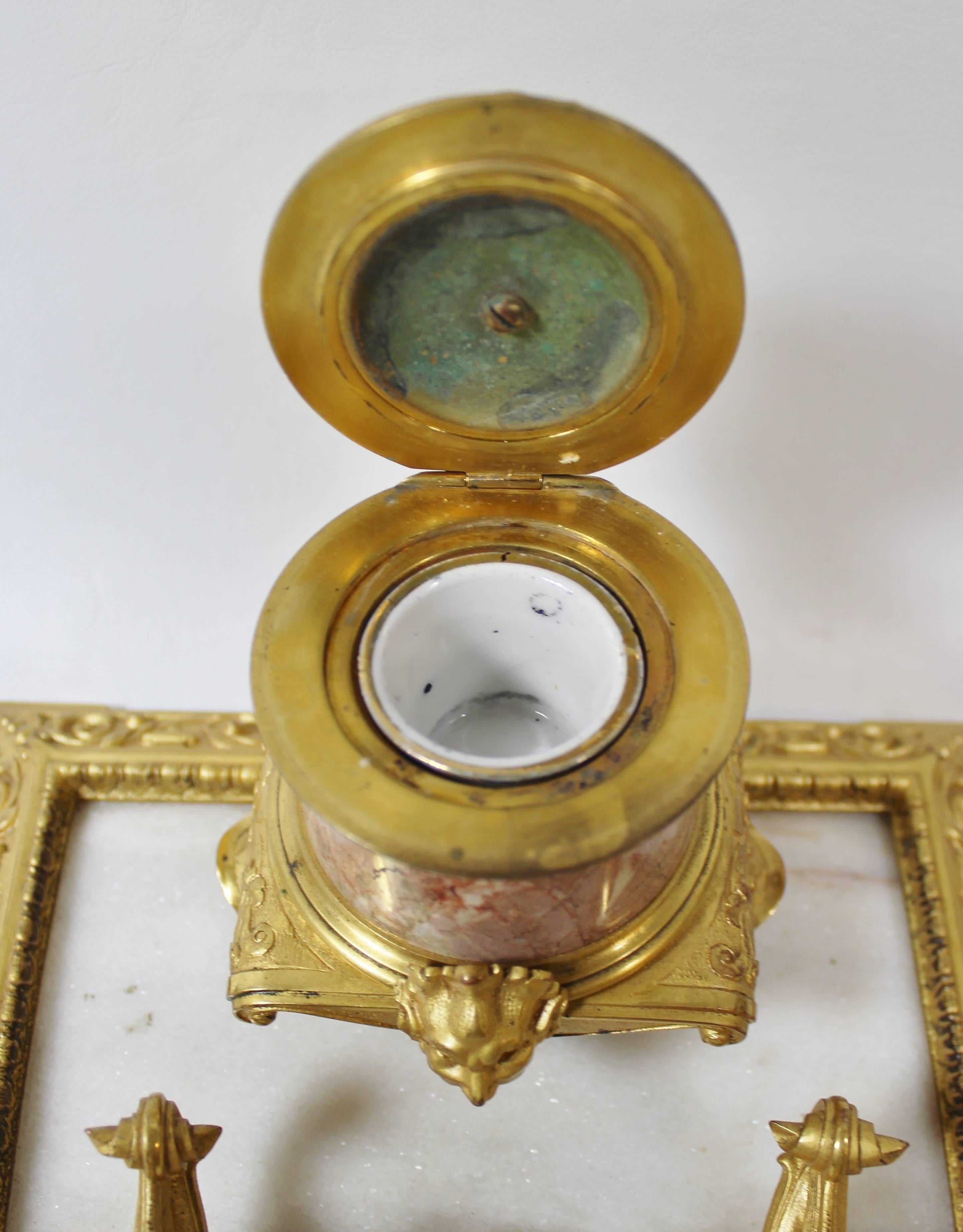 19th Century French Gilt Bronze and Marble Inkwell and Pen Holder For Sale