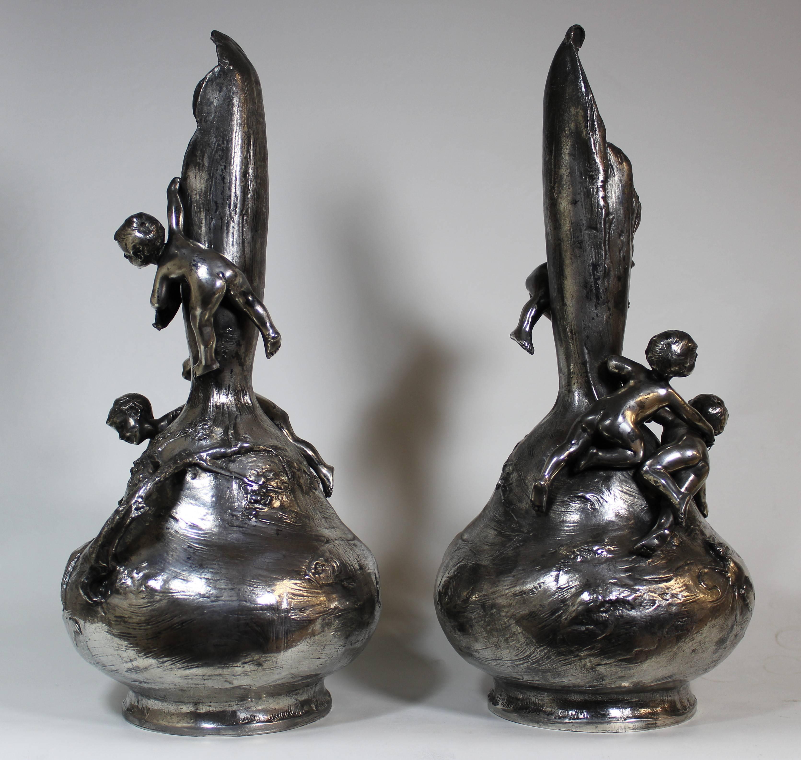 Art Nouveau Silver Plated Vases In Good Condition For Sale In Hamilton, Ontario