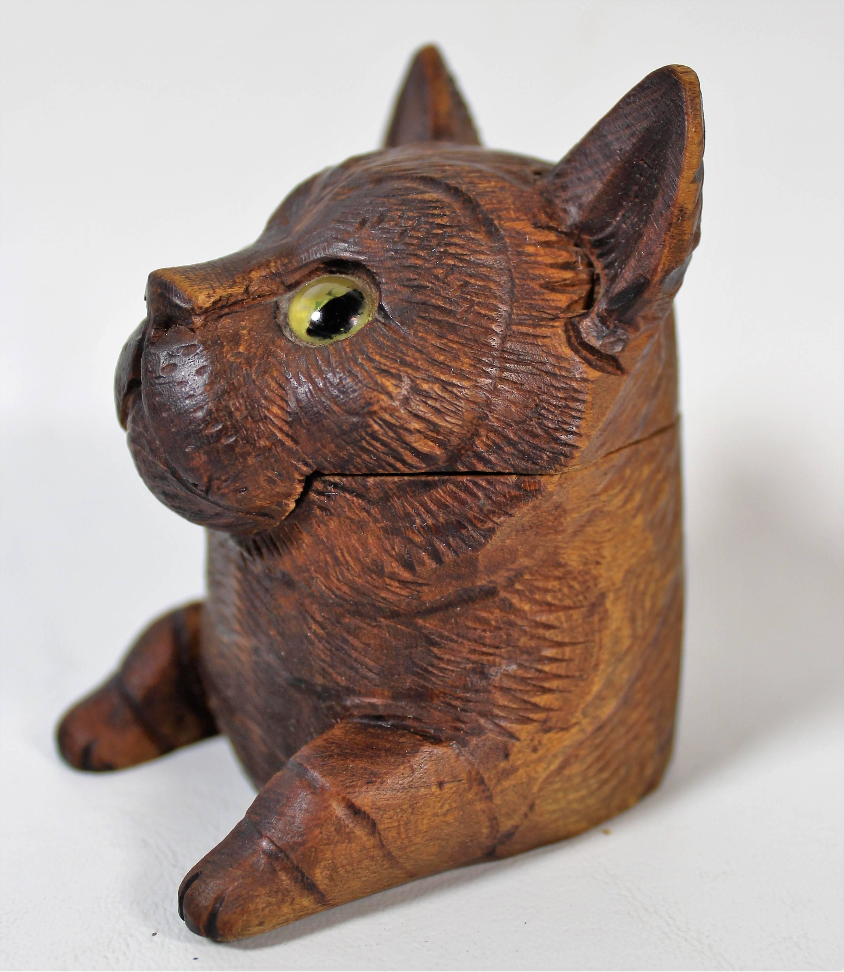Black Forest carved cat inkwell. Glass eyes.