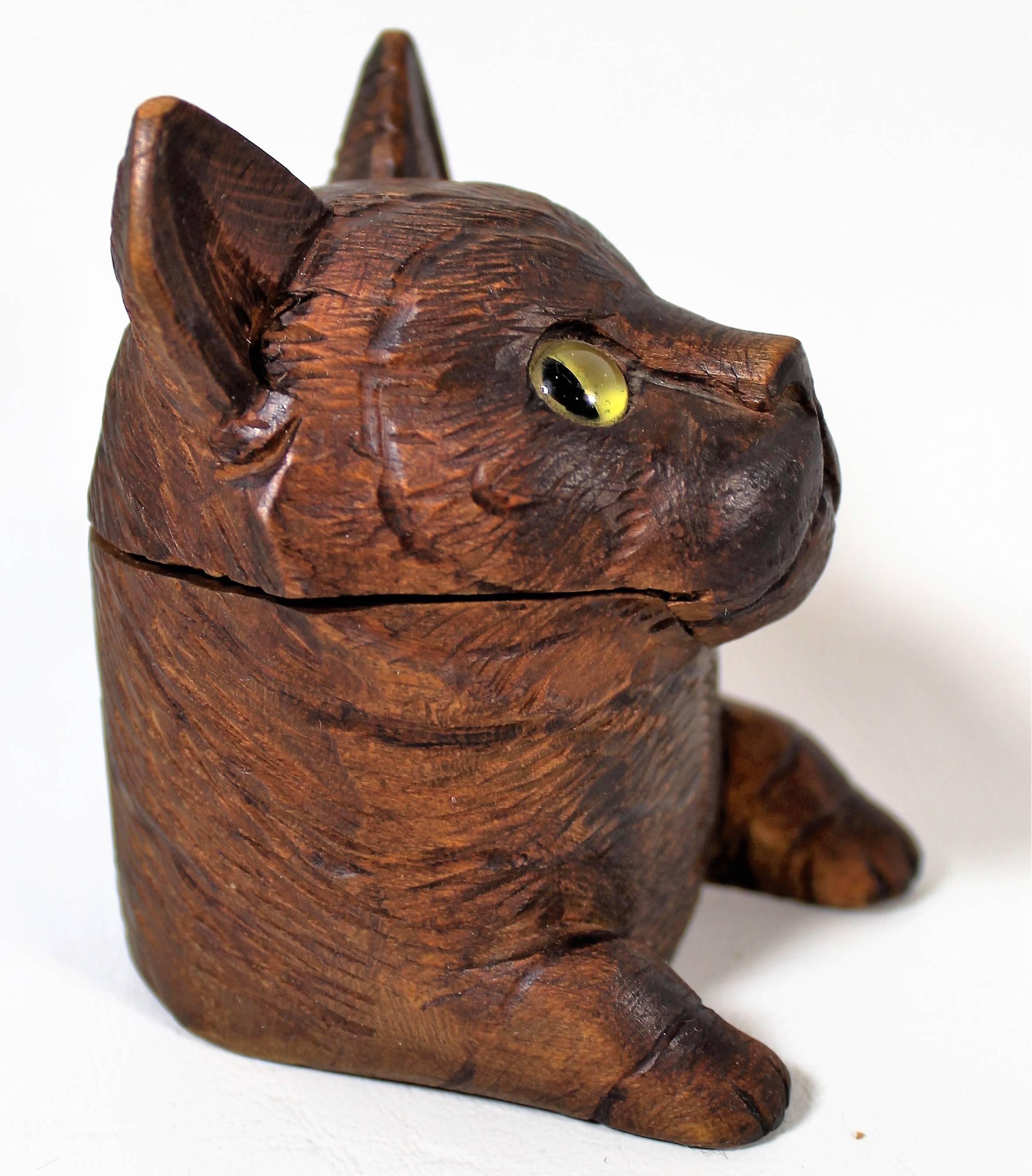 German Black Forest Carved Cat Inkwell