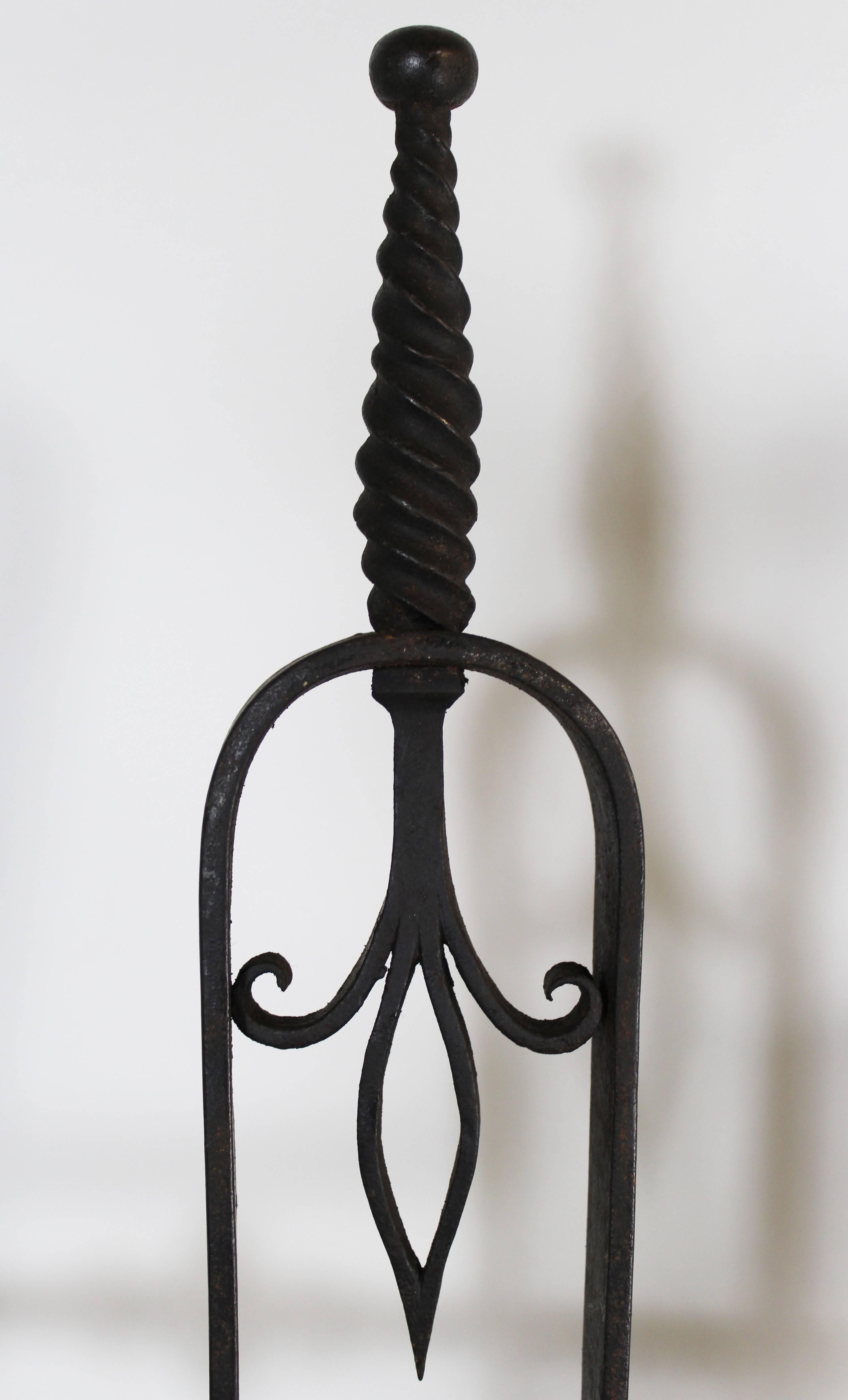 Pair of Gothic Revival Wrought Iron Andirons with Figural Horned Devils For Sale 2
