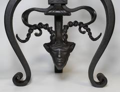 Pair of Gothic Revival Wrought Iron Andirons with Figural Horned Devils