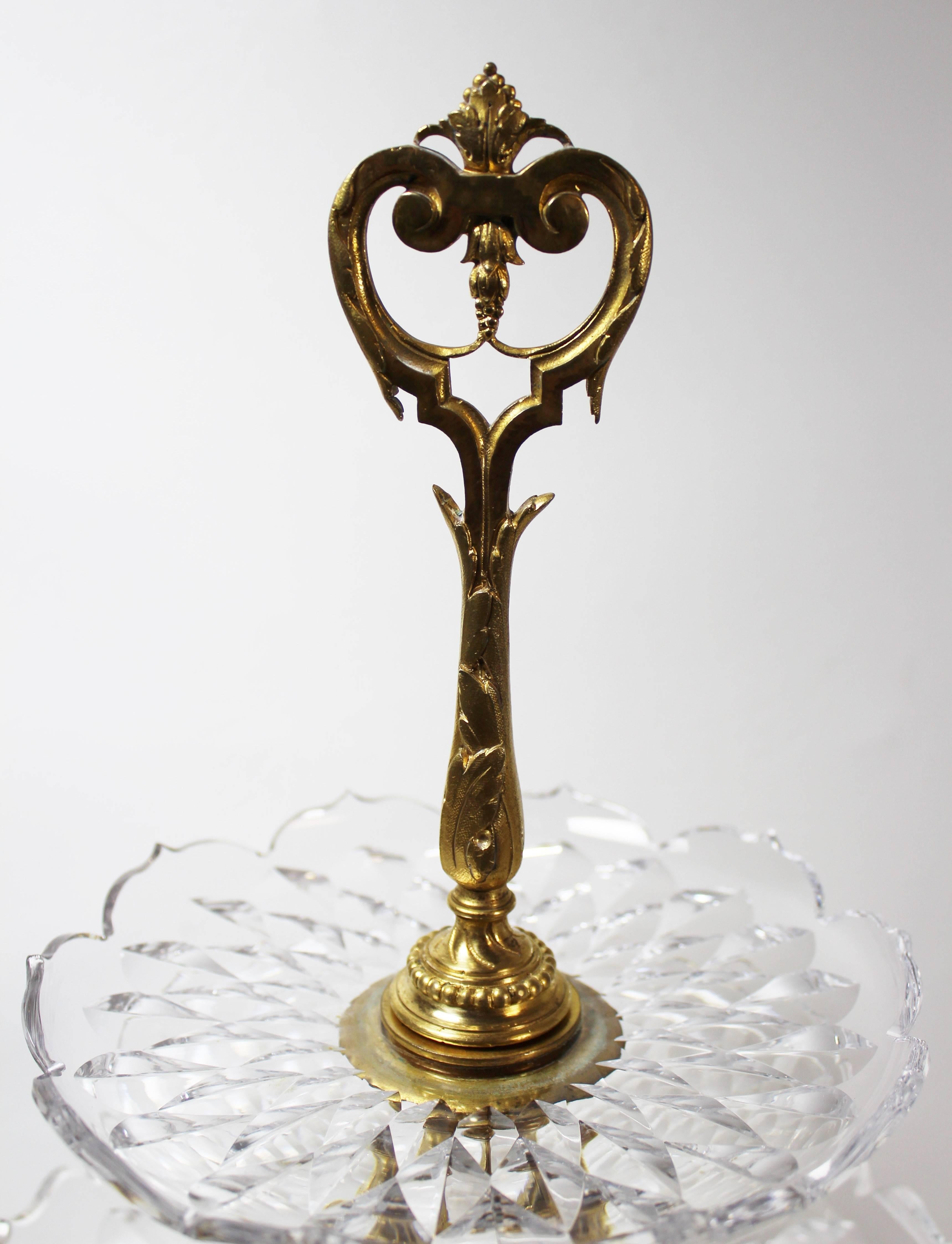 19th Century French Gilt Bronze & Cut Crystal Two-Tier Surtout De Table or Centerpiece Tazza For Sale