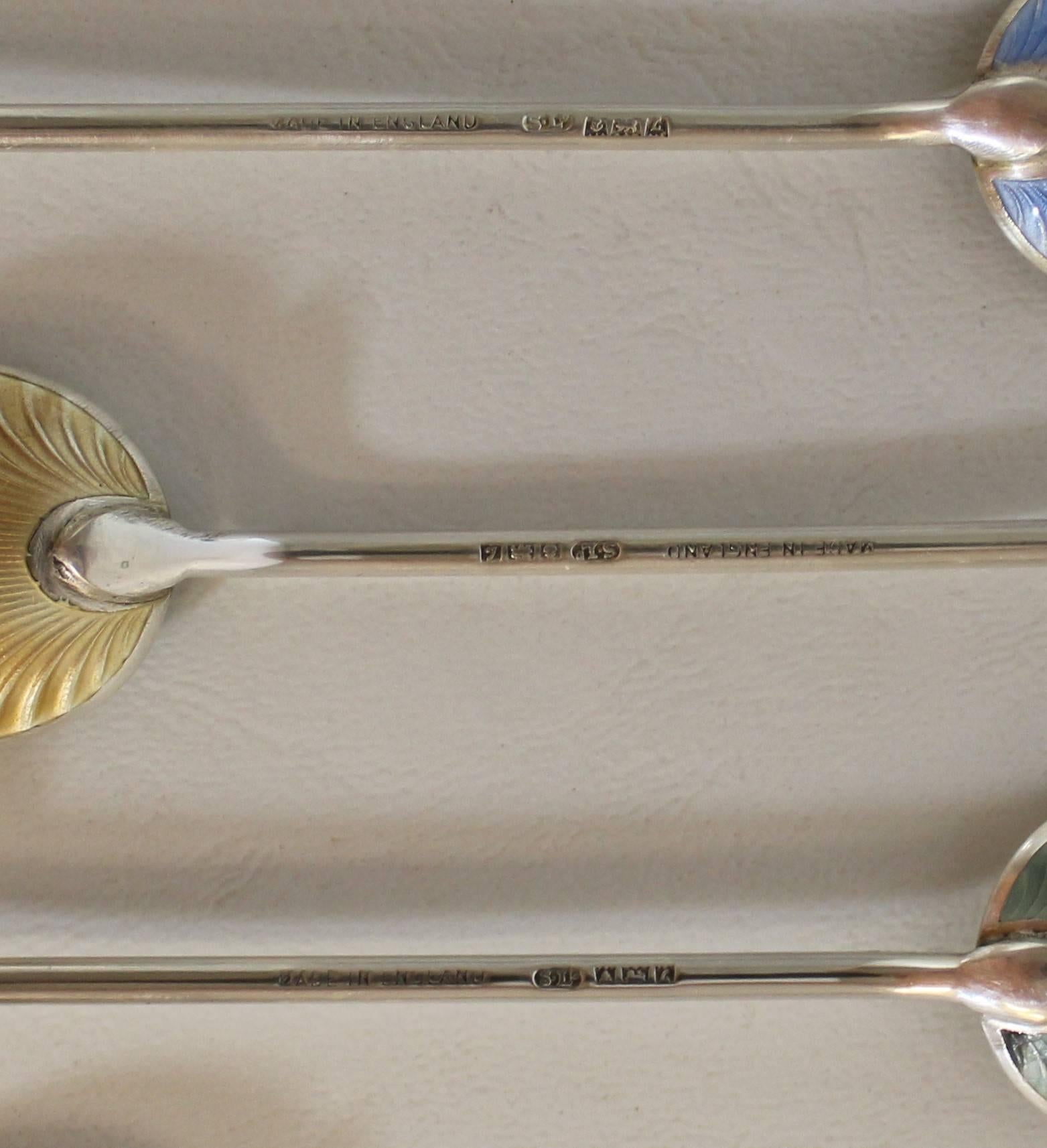 William Suckling Sterling Silver Guilloche Enameled Spoons In Good Condition In Hamilton, Ontario