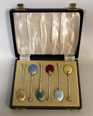 William Suckling Sterling Silver Guilloche Enameled Spoons