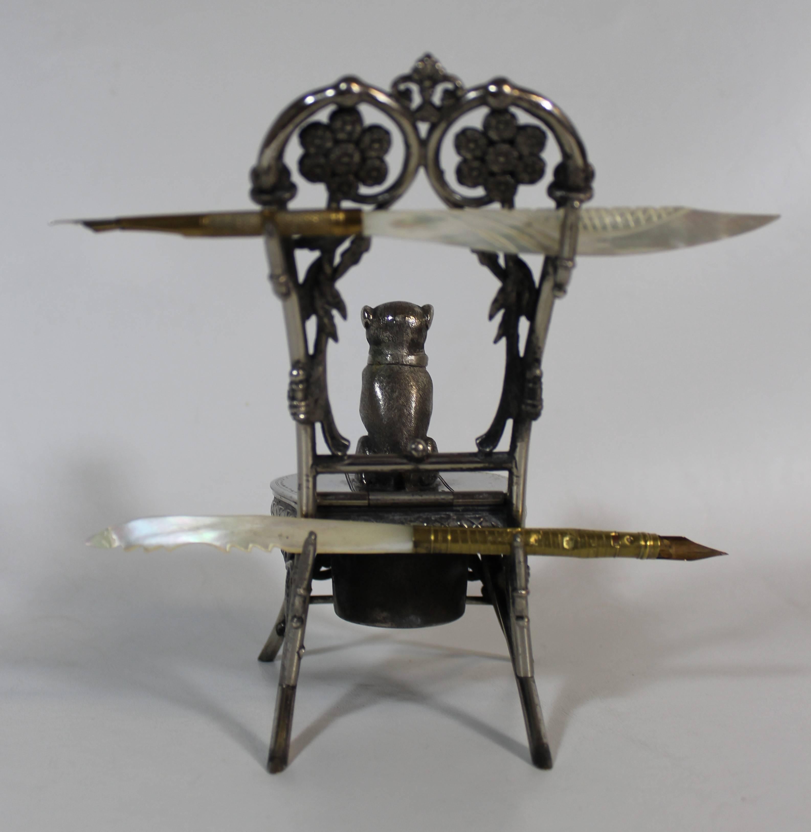 American Meriden Silver Plate Co. Inkwell Featuring Boston Terrier with Glass Eyes