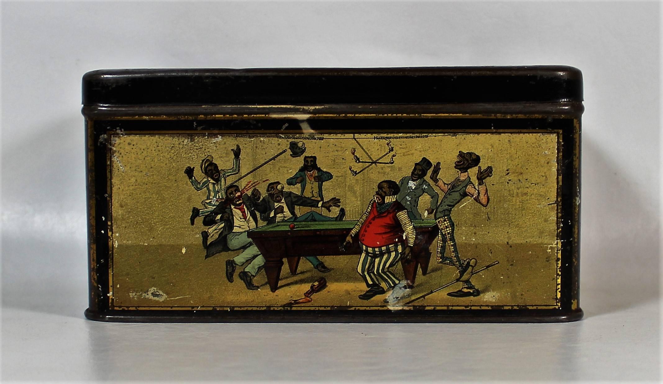 Black Americana tin box for Little Folk Pudding.

Lithographed tin manufactured by Numan's Blikfabrieken in Amsterdam, Holland. Features amusing 'Black Americana' themes after works by Theodore Worth. Signed in the print in the lower right “Th.