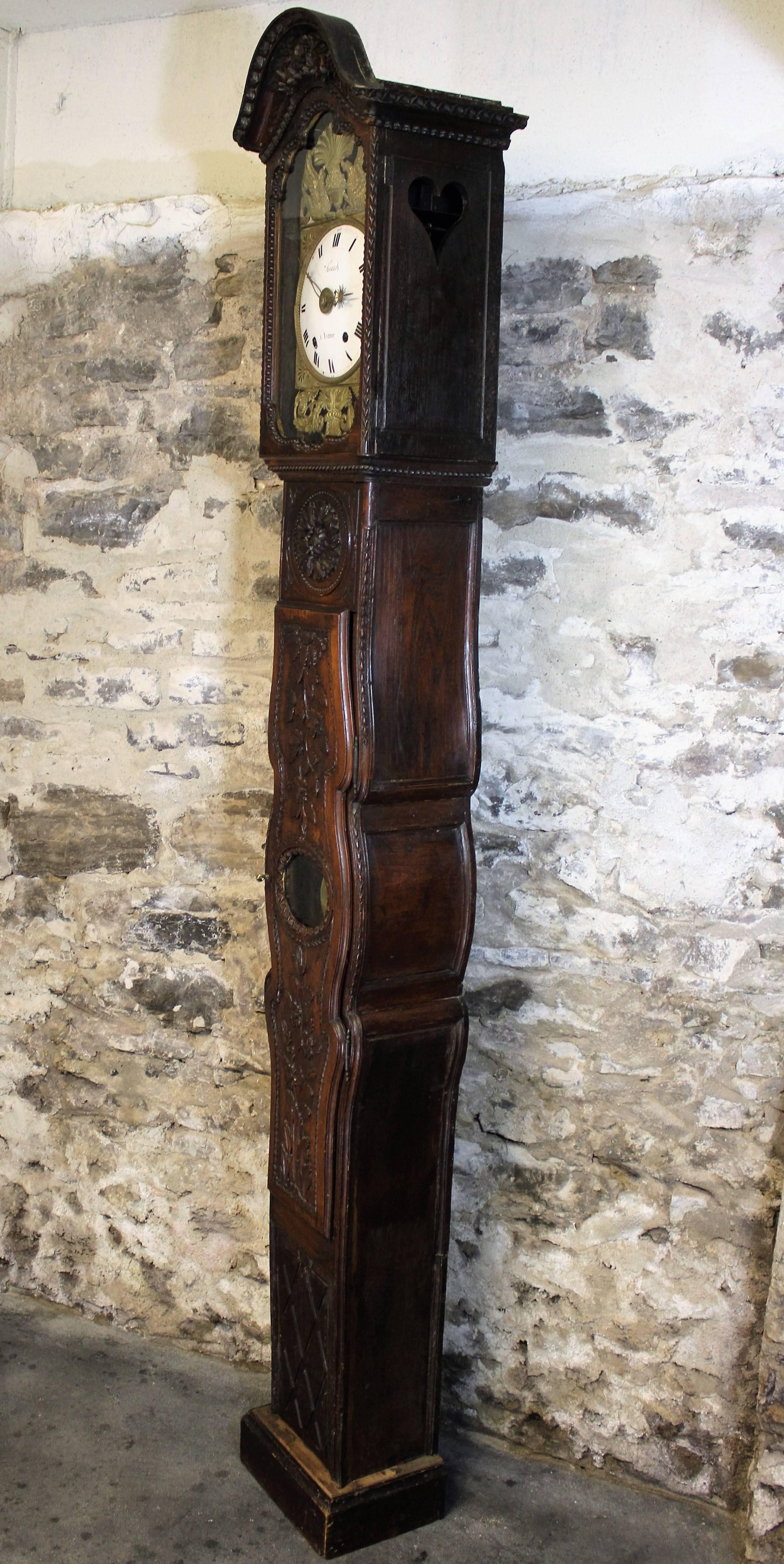 French Empire Carved 'Savard' Comtoise or Morbier Longcase Clock from Yvetot In Good Condition In Hamilton, Ontario