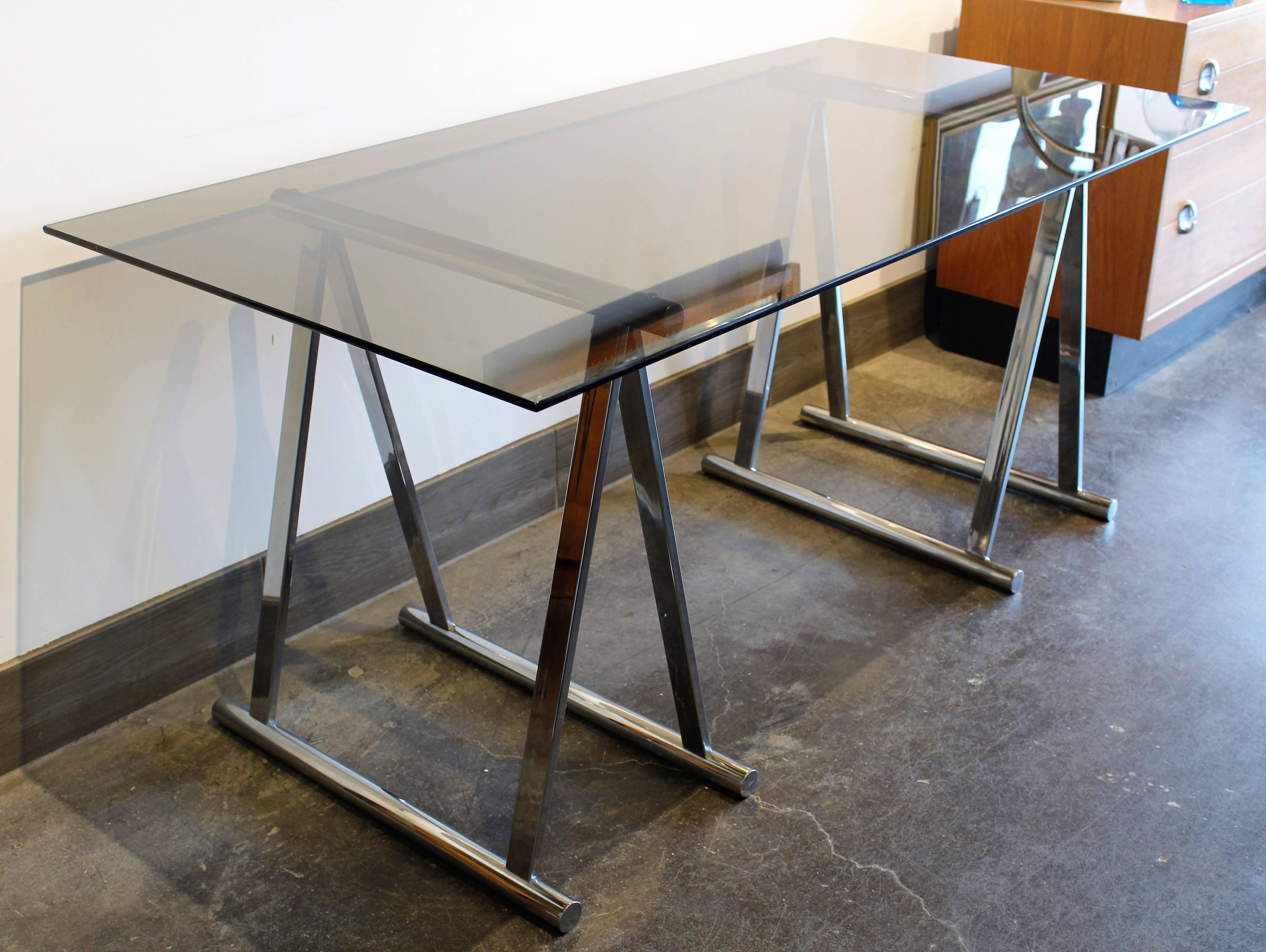 Mid-Century Italian chrome and glass sawhorse desk or table.