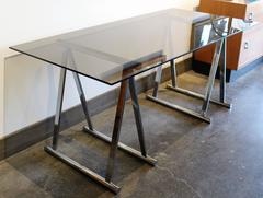 Mid-Century Italian Chrome and Glass Sawhorse Desk or Table
