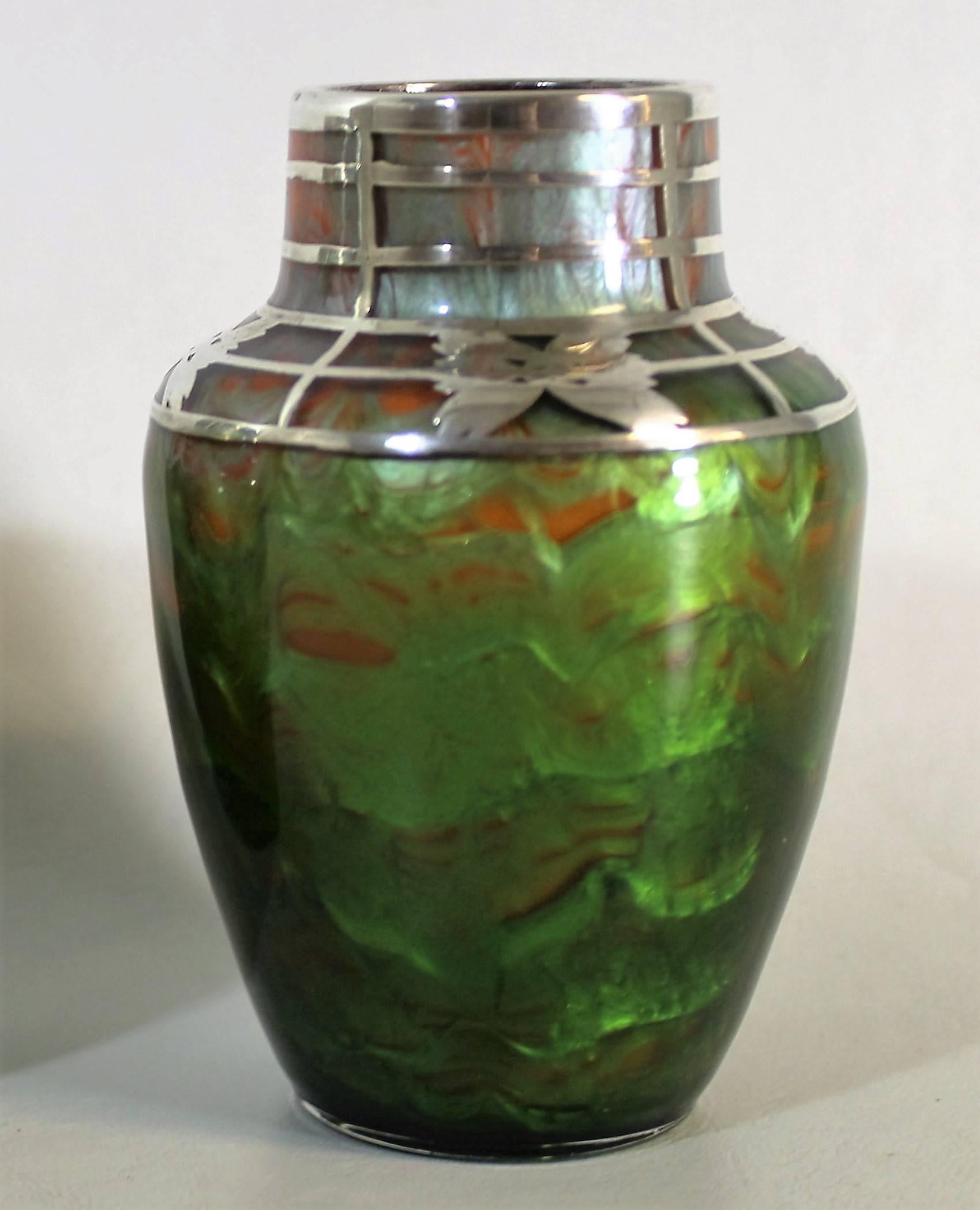 Austrian Loetz Titania Gre Art Nouveau Vase with Silver Overlay