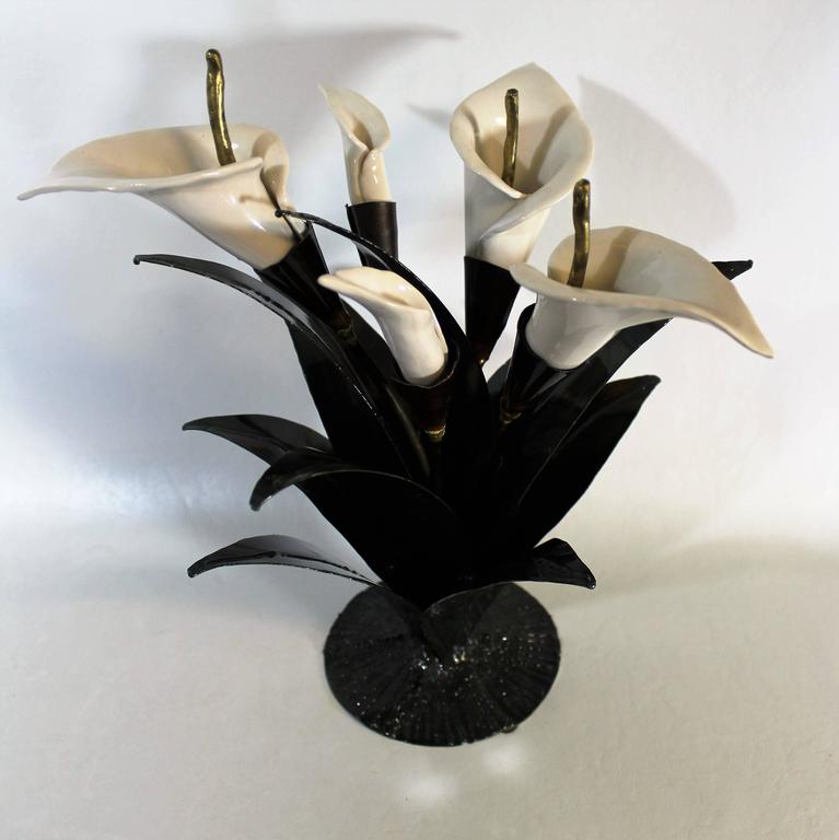 Brutalist Metal Art Sculpture with Ceramic Calla Lily Flowers For Sale