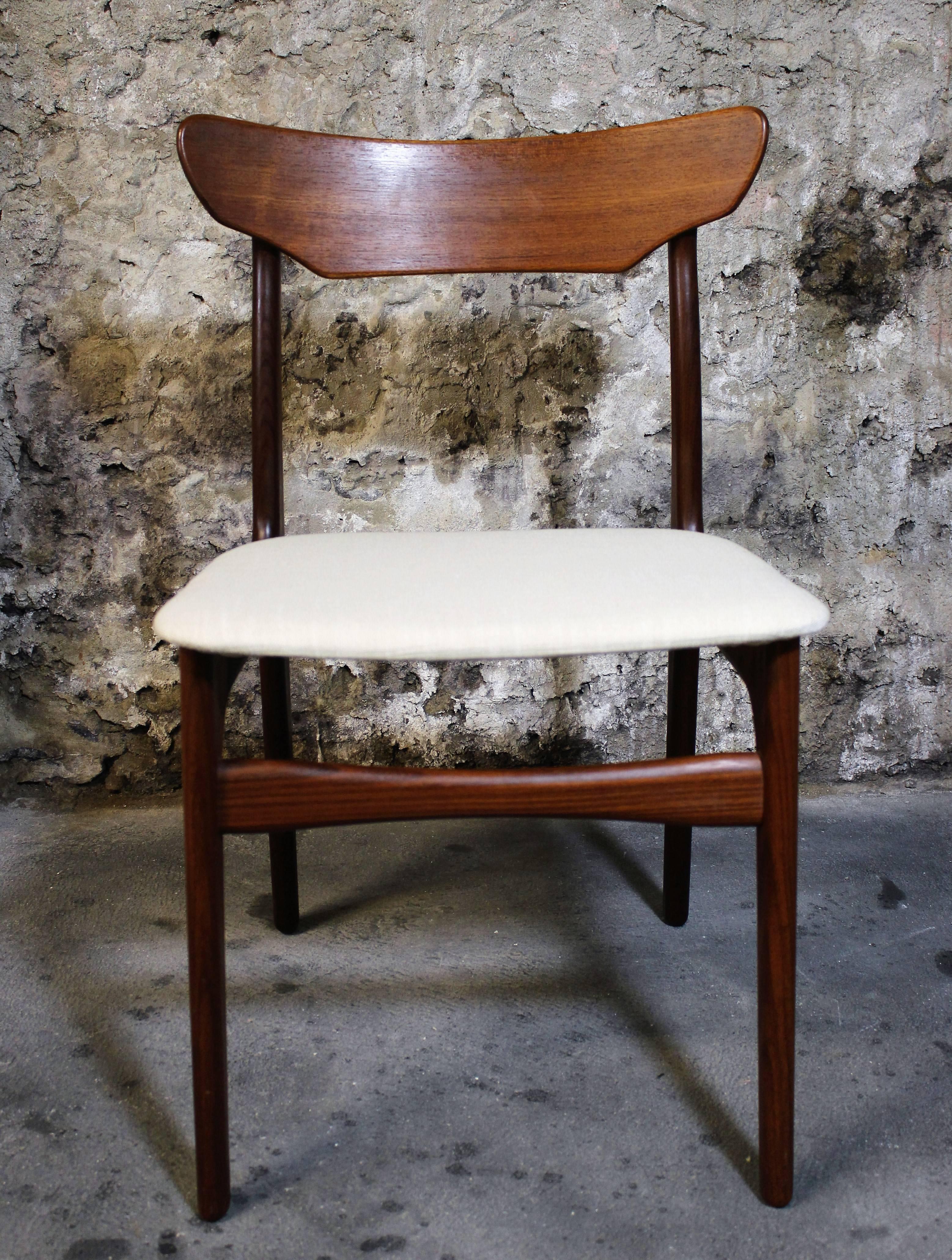 Four Danish teak dining chair by Schionning & Elgaard for Randers. Newly upholstered.