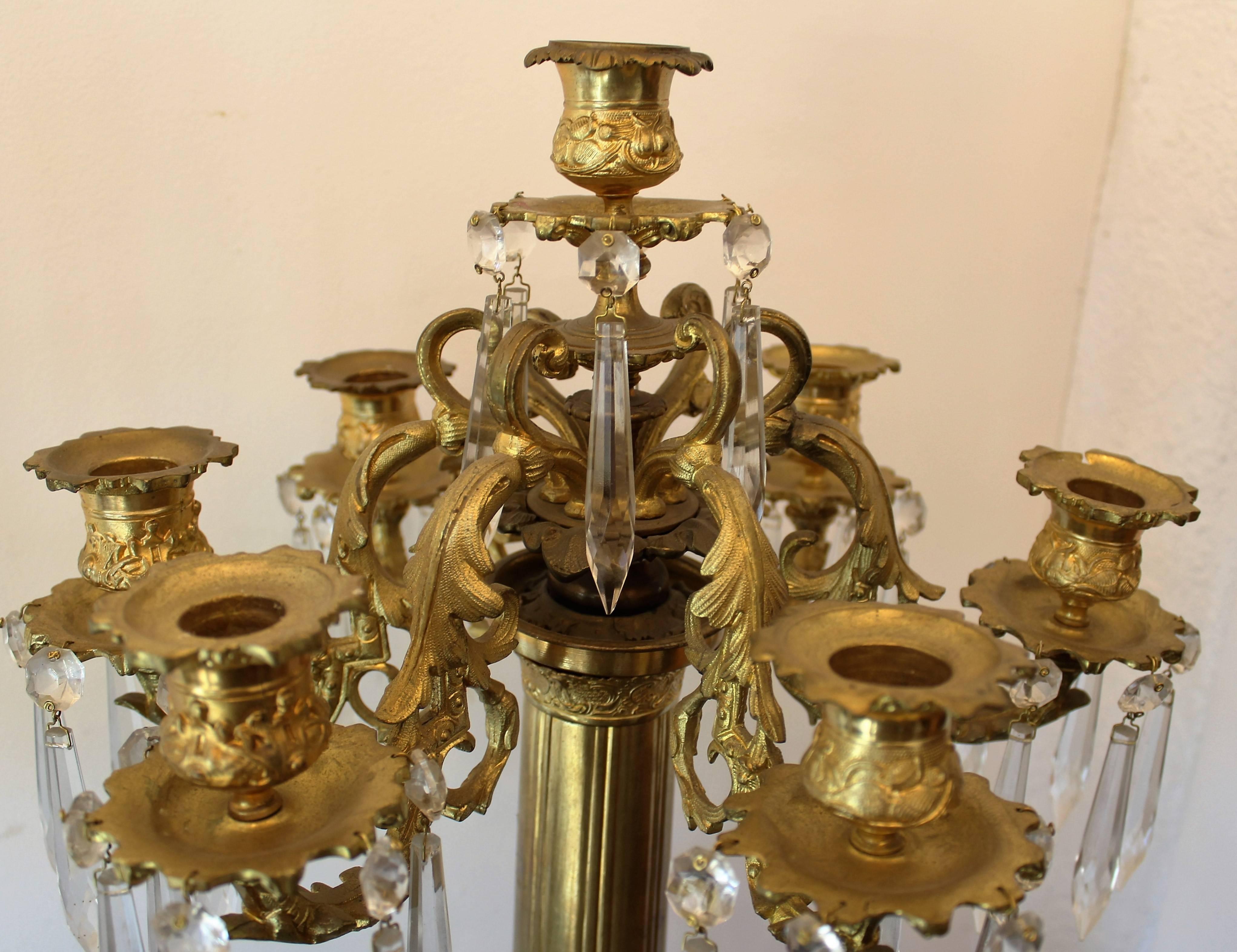 Pair of Russian Ormolu Patinated Bronze and Crystal Candelabras by P. Chizhov For Sale 1
