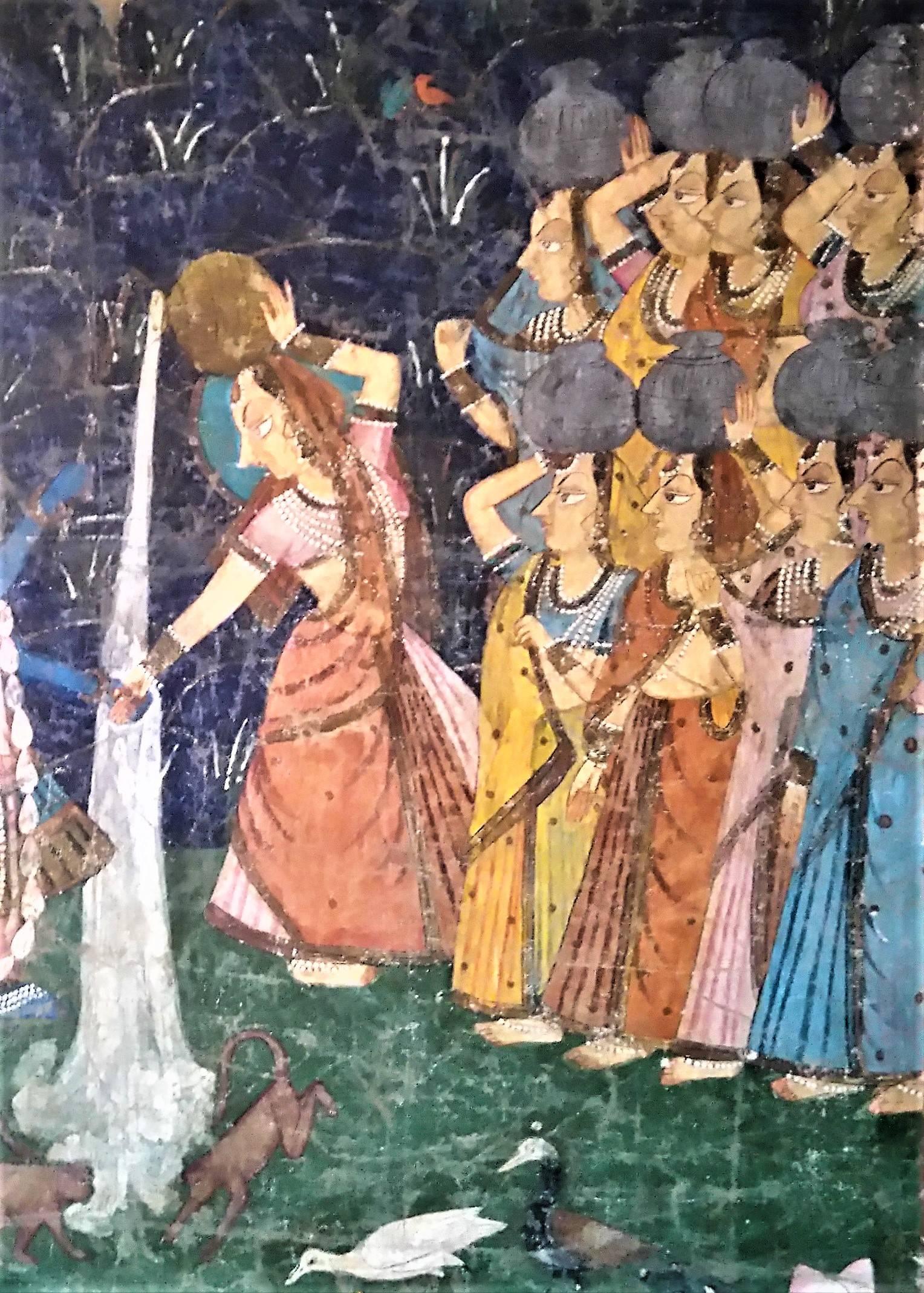 A Picchvai of the Dana Lila India, Rajasthan, 19th century 

Large 19th century temple wall hanging painted on silk. This beautiful painting depicts Krishna and his brother Balarama at the center. cowherders at left with gopis at right. The scene