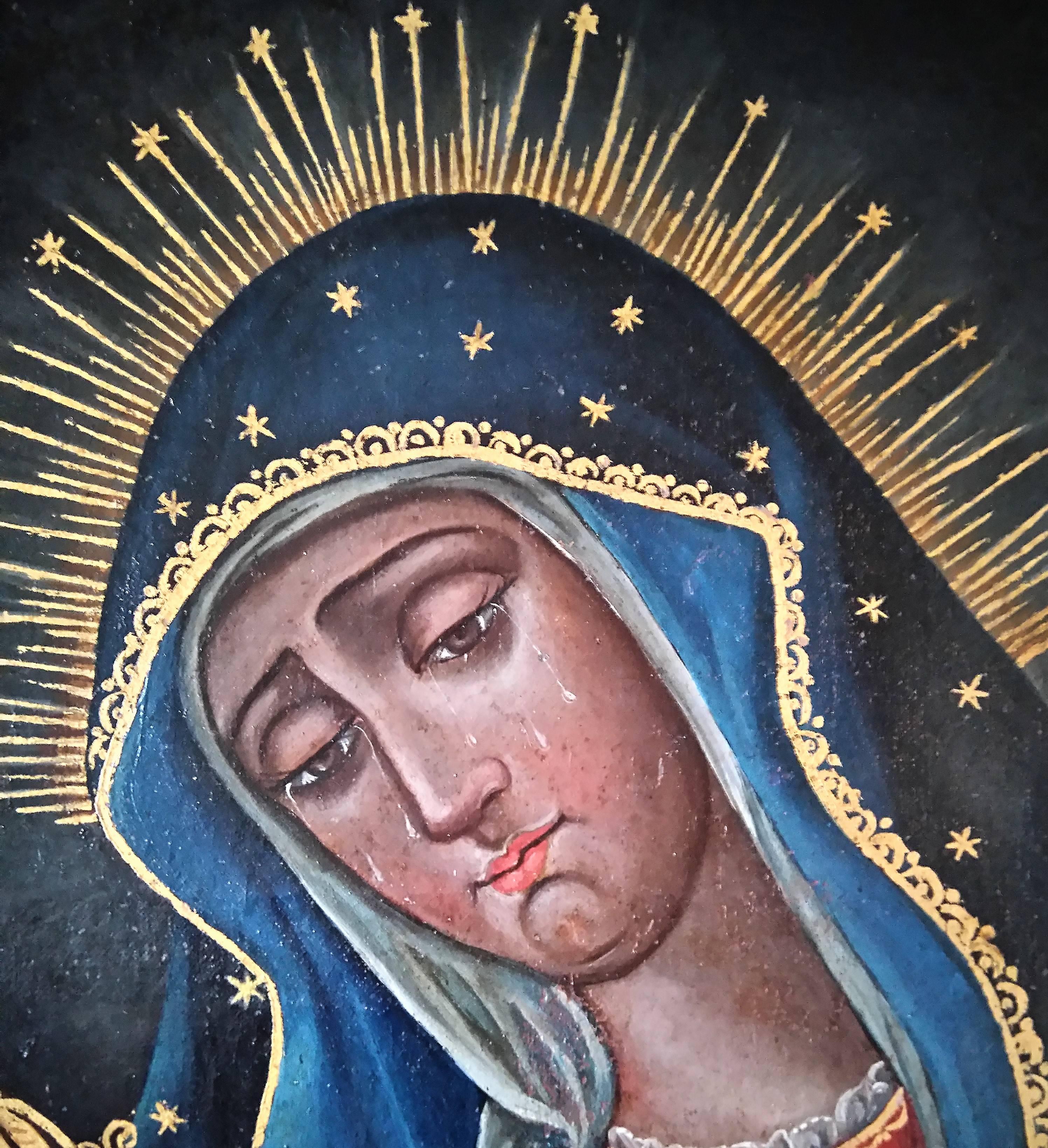 Our Lady of Sorrows (Latin: Matter Dolorosa), Spanish American oil on canvas painting of the Madonna. 19th century religious folk art painting of the Virgin Mary which was most likely painted in California.

 Our Lady of Sorrows (Latin: Matter
